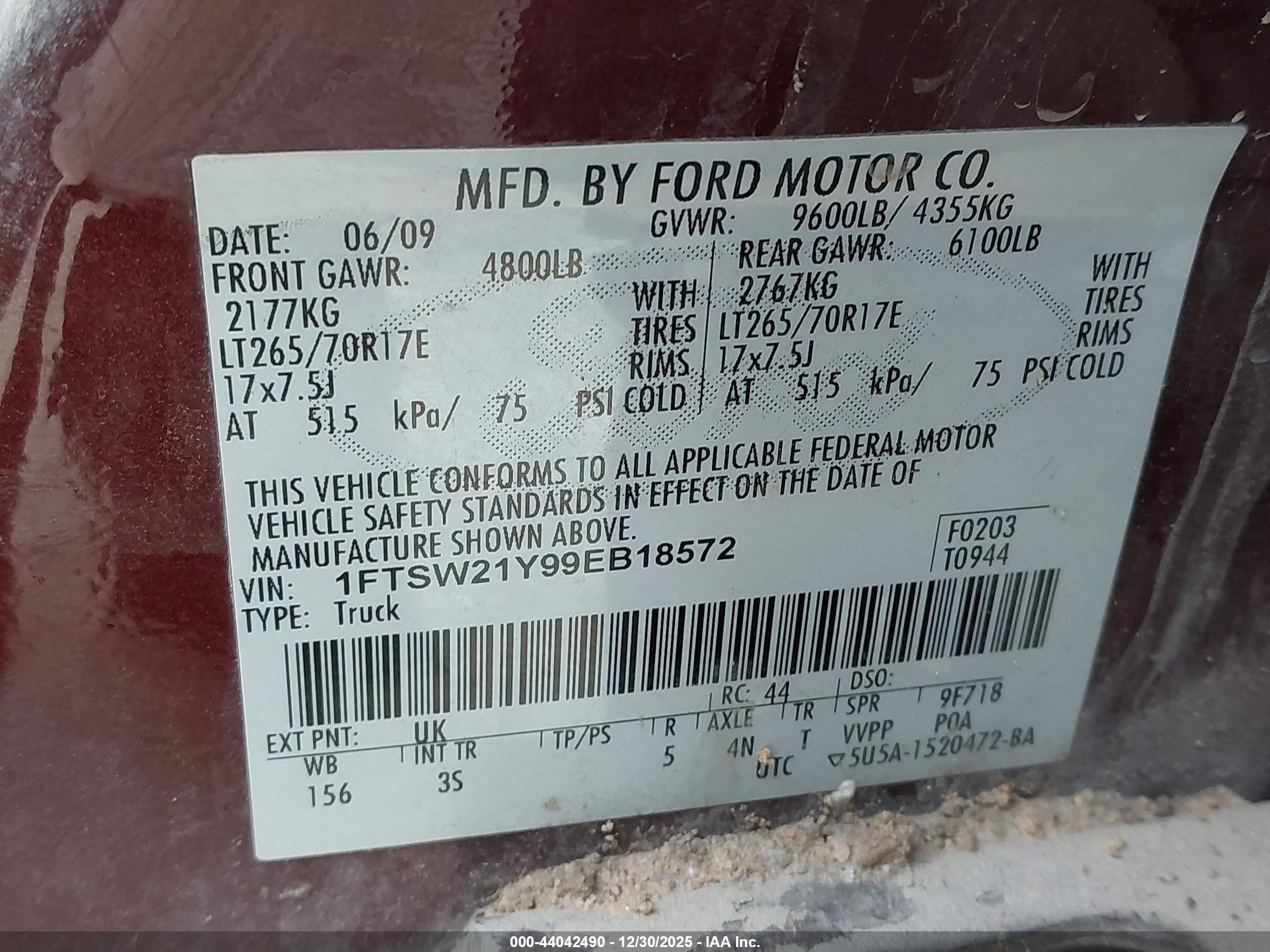 2009 Ford F-250 Fx4/harley-davidson/king Ranch/lariat/xl/xlt Maroon vin: 1FTSW21Y99EB18572