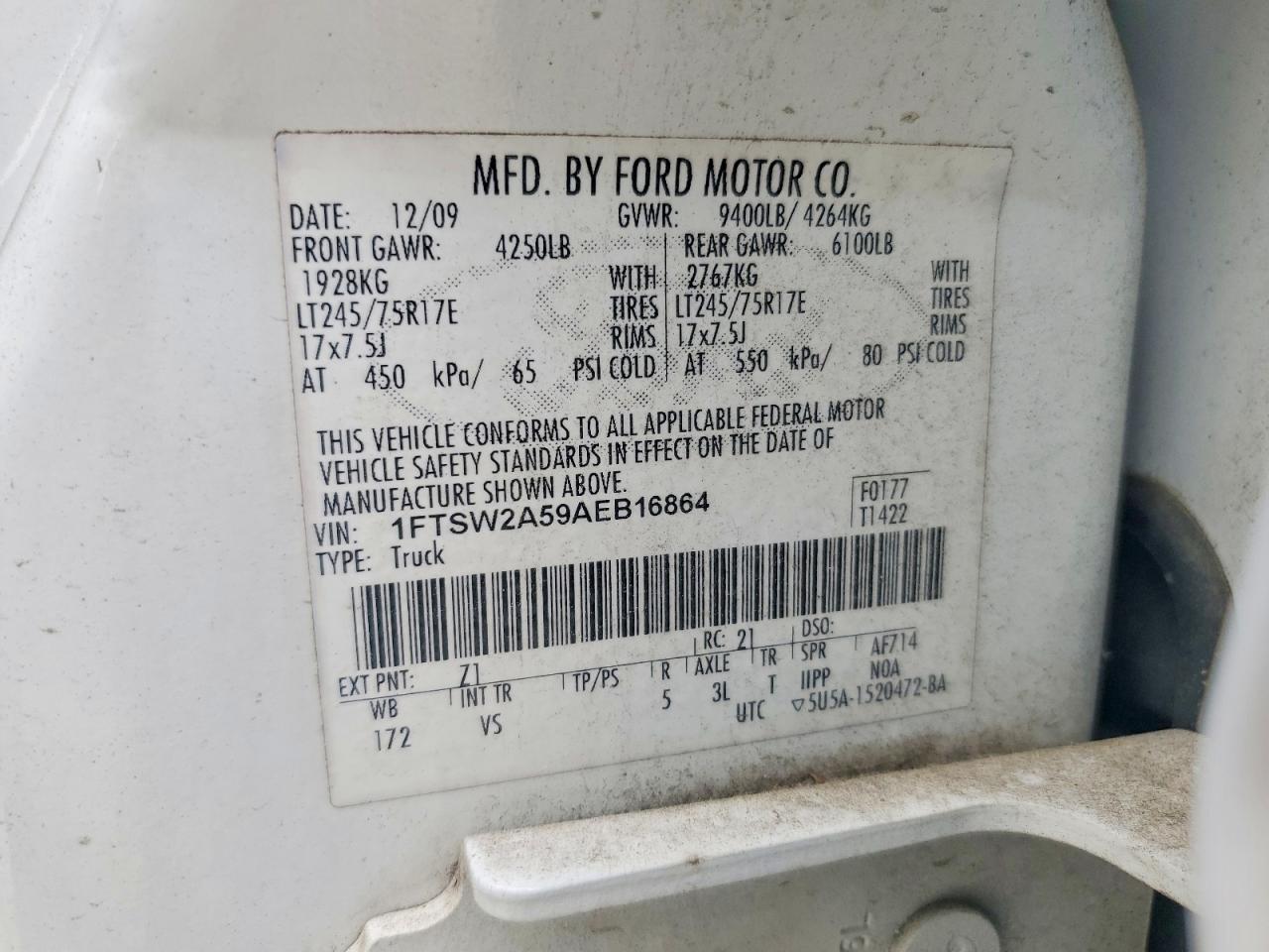 2010 Ford F250 Super Duty White vin: 1FTSW2A59AEB16864