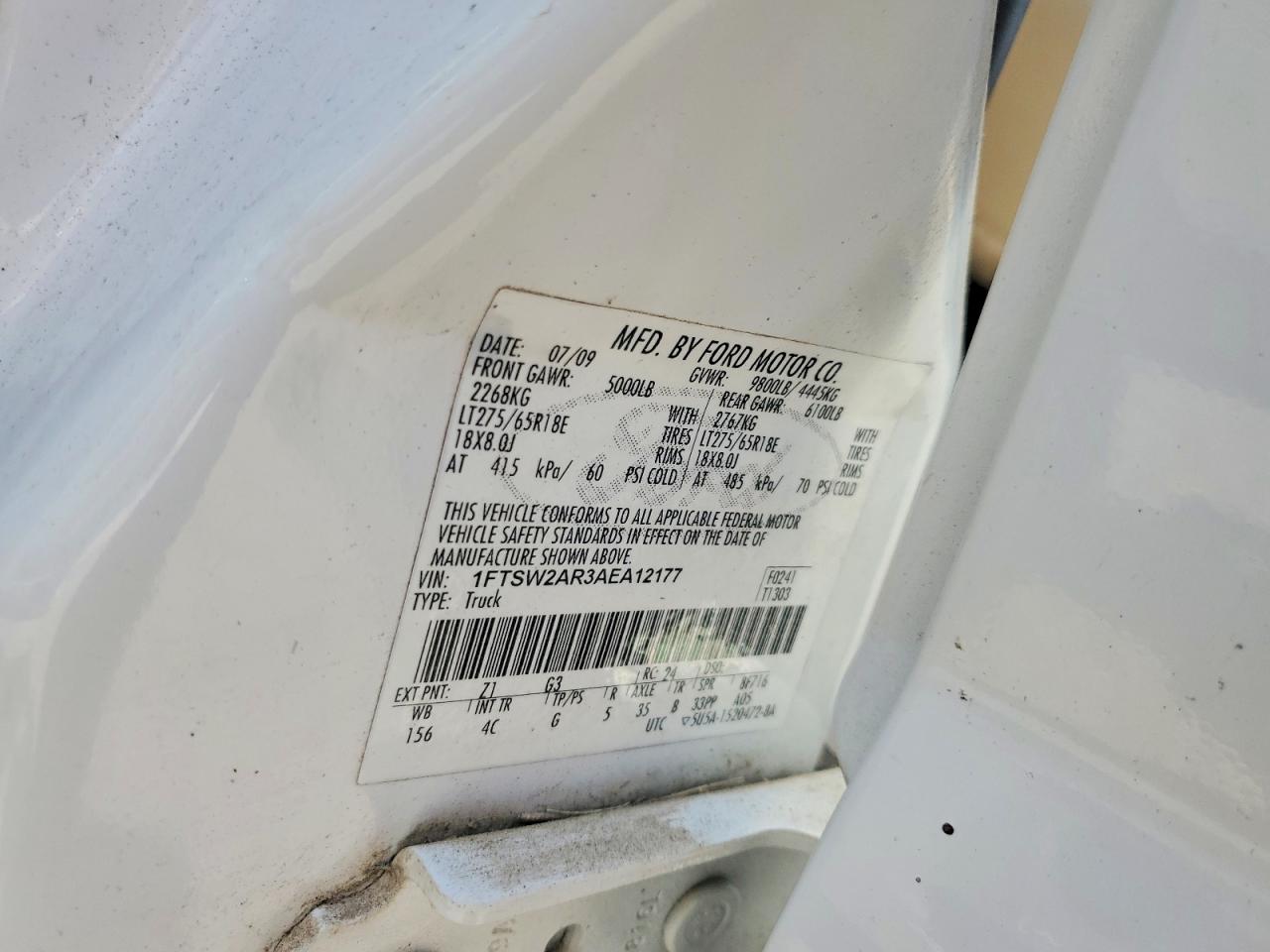 2010 Ford F250 Super Duty White vin: 1FTSW2AR3AEA12177