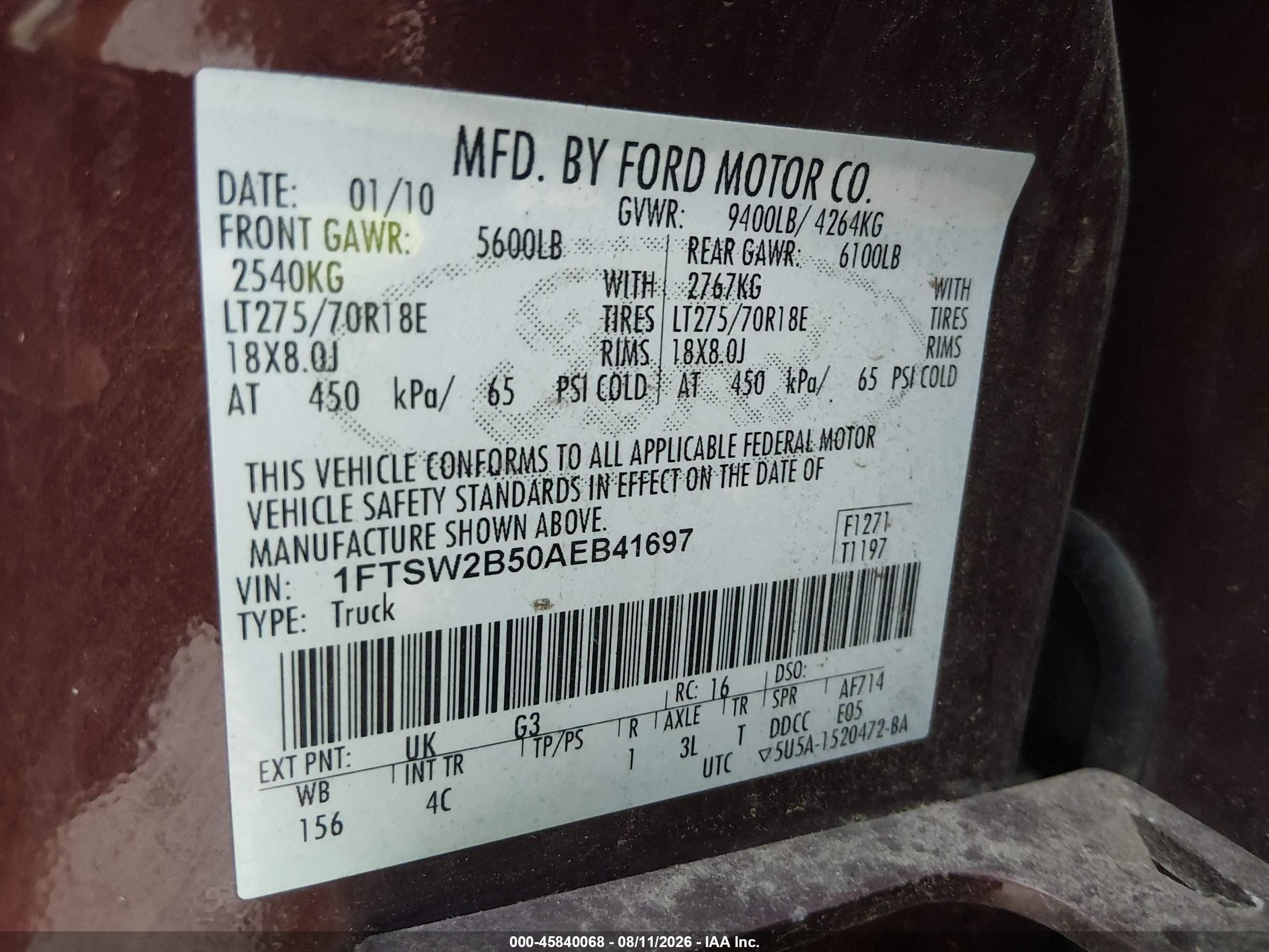 2010 Ford Super Duty F-250 Srw Cabelas/king Ranch/lariat/xl/xlt Burgundy vin: 1FTSW2B50AEB41697