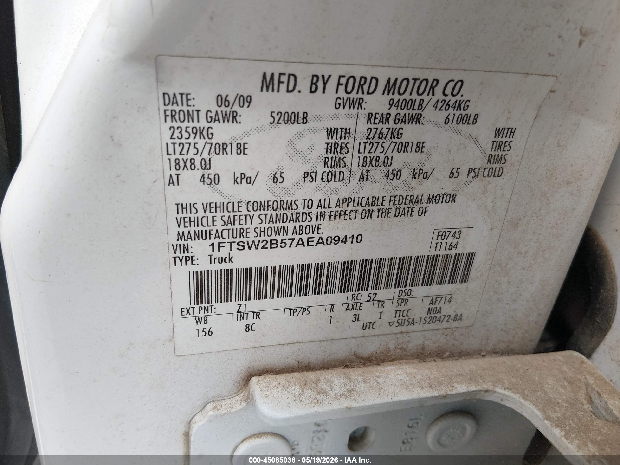 2010 Ford F-250 Cabela's/king Ranch/lariat/xl/xlt White vin: 1FTSW2B57AEA09410
