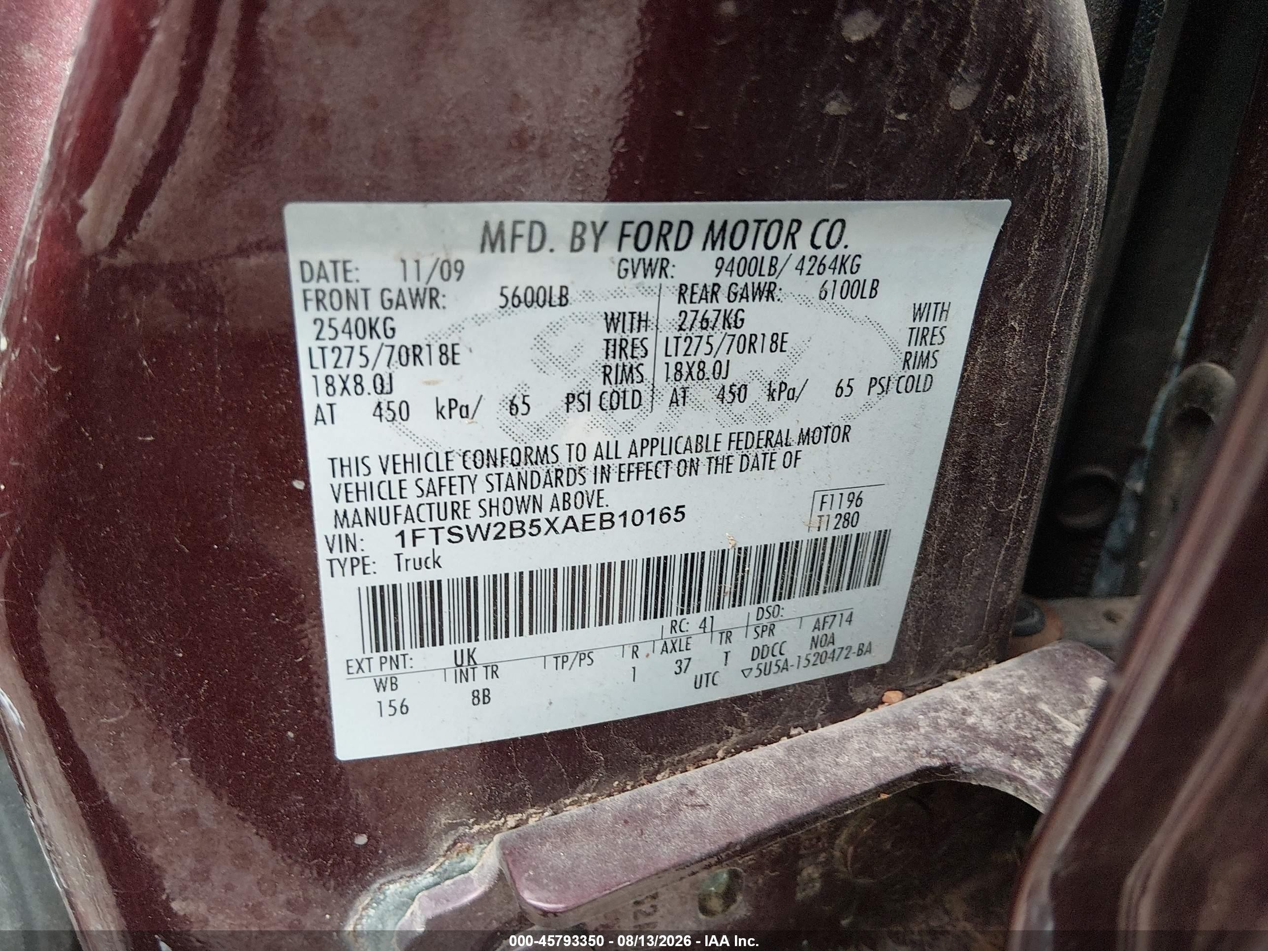 2010 Ford Super Duty F-250 Srw Cabelas/king Ranch/lariat/xl/xlt Maroon vin: 1FTSW2B5XAEB10165