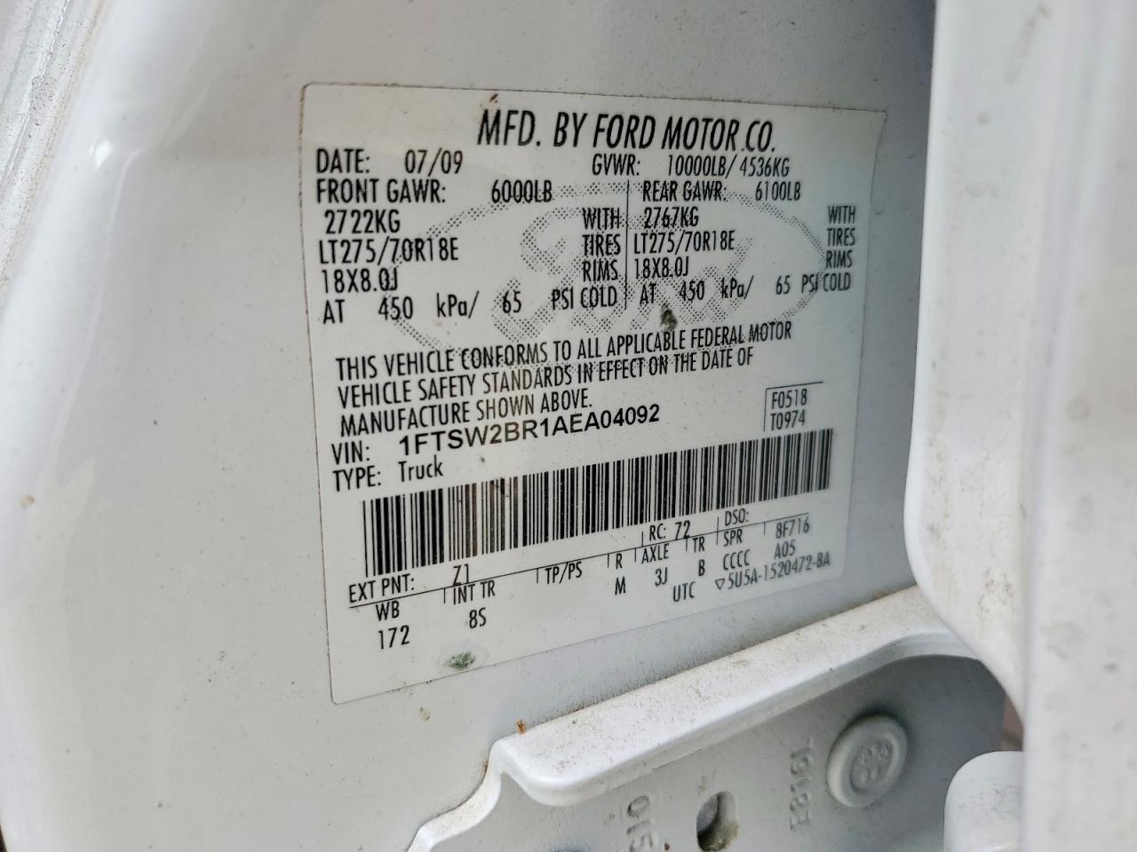 2010 Ford F250 Super Duty White vin: 1FTSW2BR1AEA04092