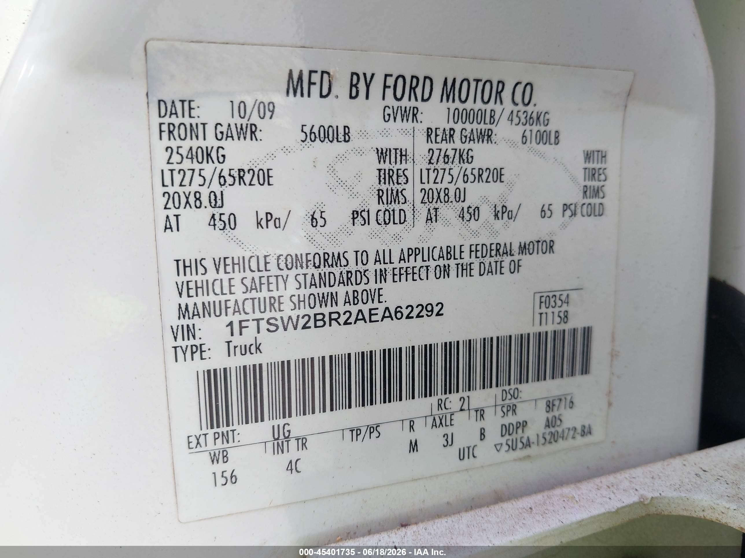 2010 Ford Super Duty F-250 Srw Cabelas/harley-davidson/king Ranch/lariat/xl/xlt White vin: 1FTSW2BR2AEA62292