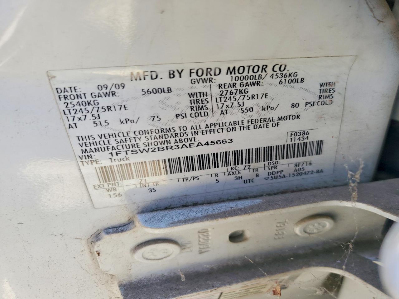 2010 Ford F250 Super Duty White vin: 1FTSW2BR3AEA45663