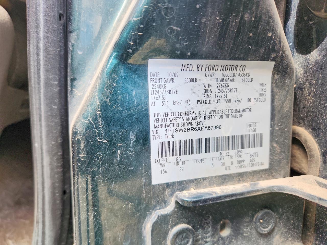 2010 Ford F250 Super Duty Green vin: 1FTSW2BR6AEA67396