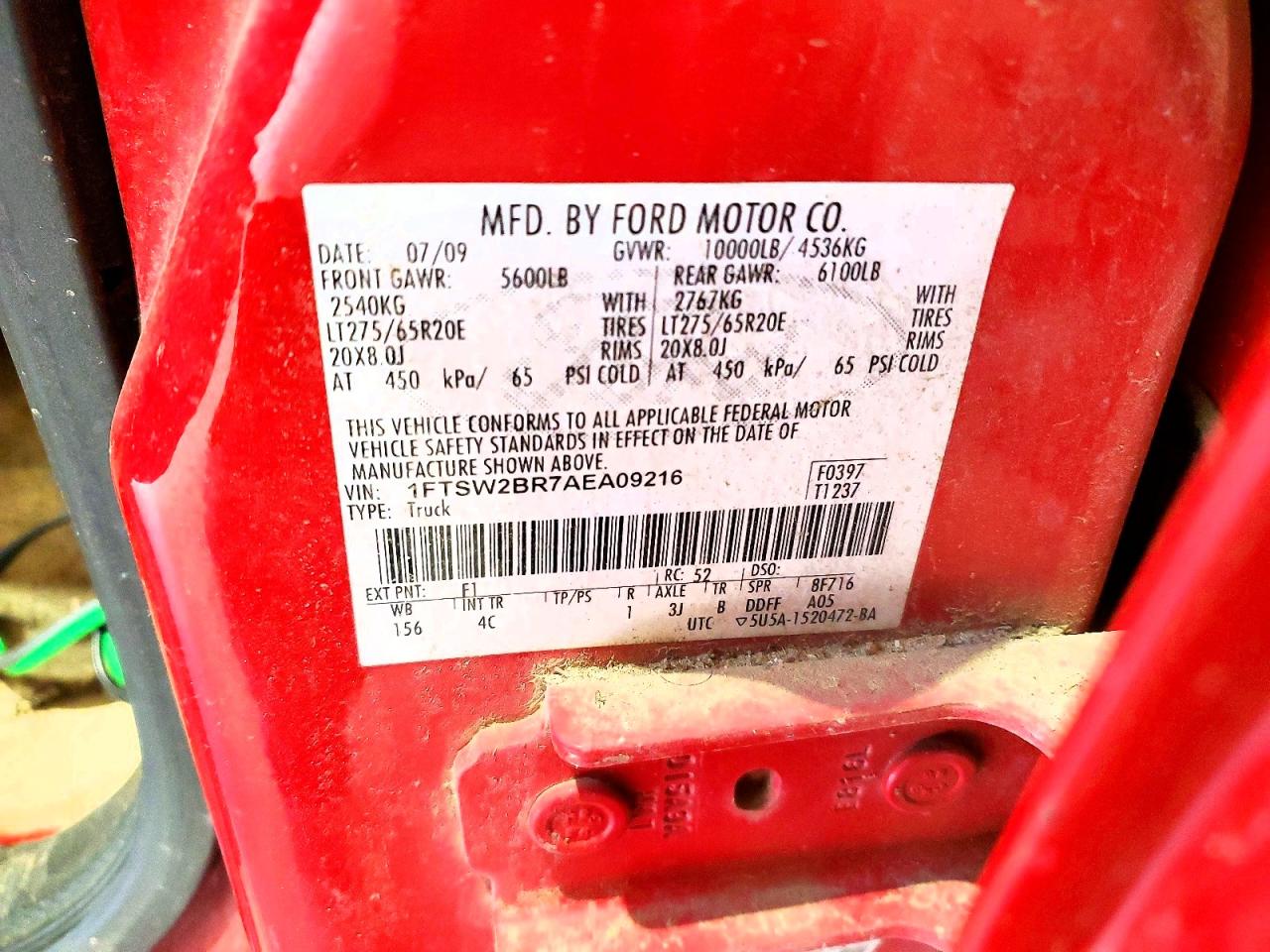 2010 Ford F250 Super Duty Red vin: 1FTSW2BR7AEA09216