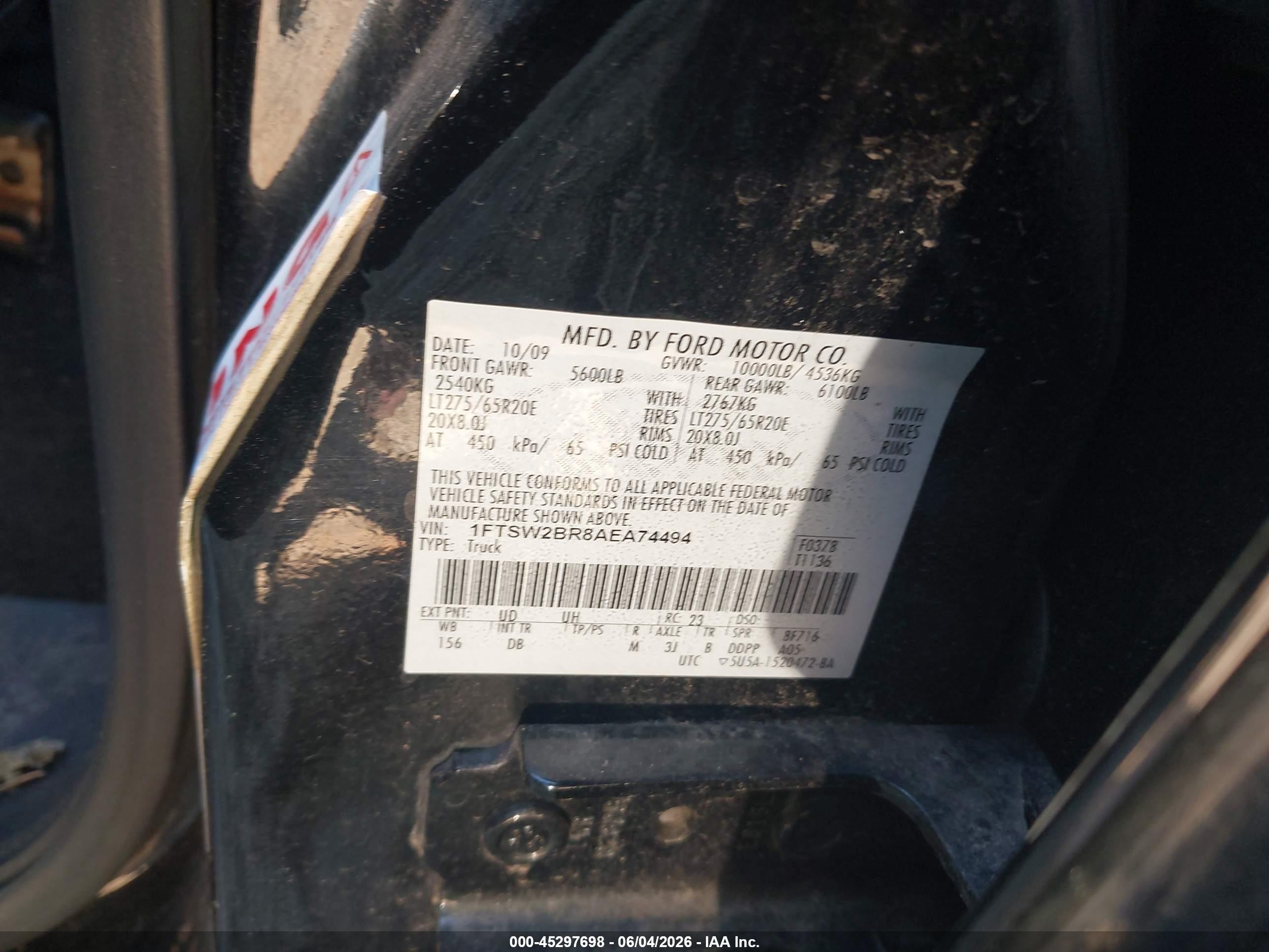 2010 Ford F-250 Cabela's/harley-davidson/king Ranch/lariat/xl/xlt Black vin: 1FTSW2BR8AEA74494