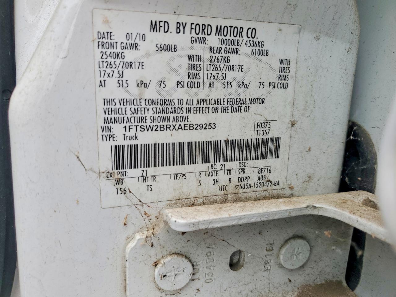 2010 Ford F250 Super Duty White vin: 1FTSW2BRXAEB29253