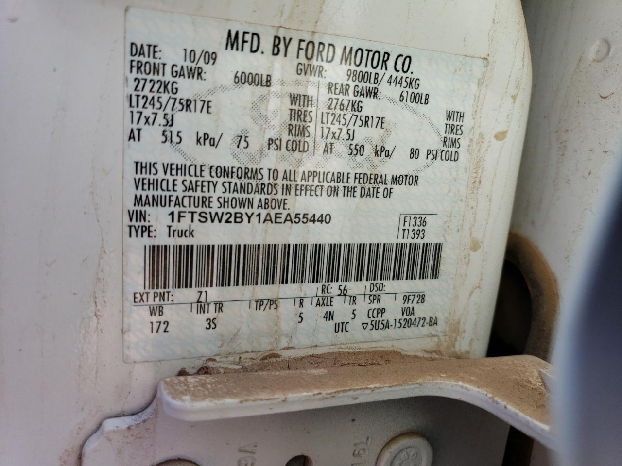 2010 Ford F250 Super Duty White vin: 1FTSW2BY1AEA55440