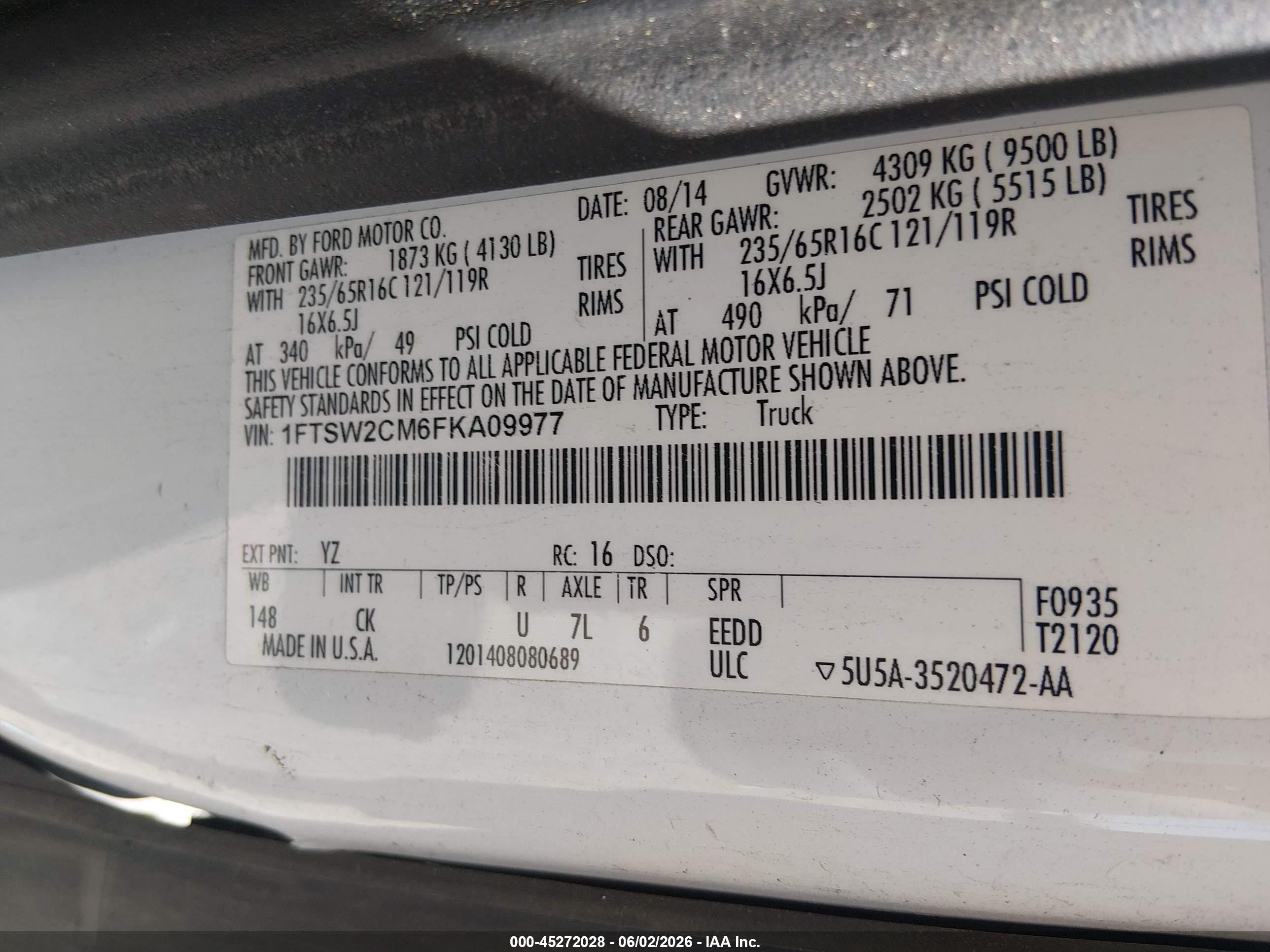 2015 Ford Transit-350 White vin: 1FTSW2CM6FKA09977