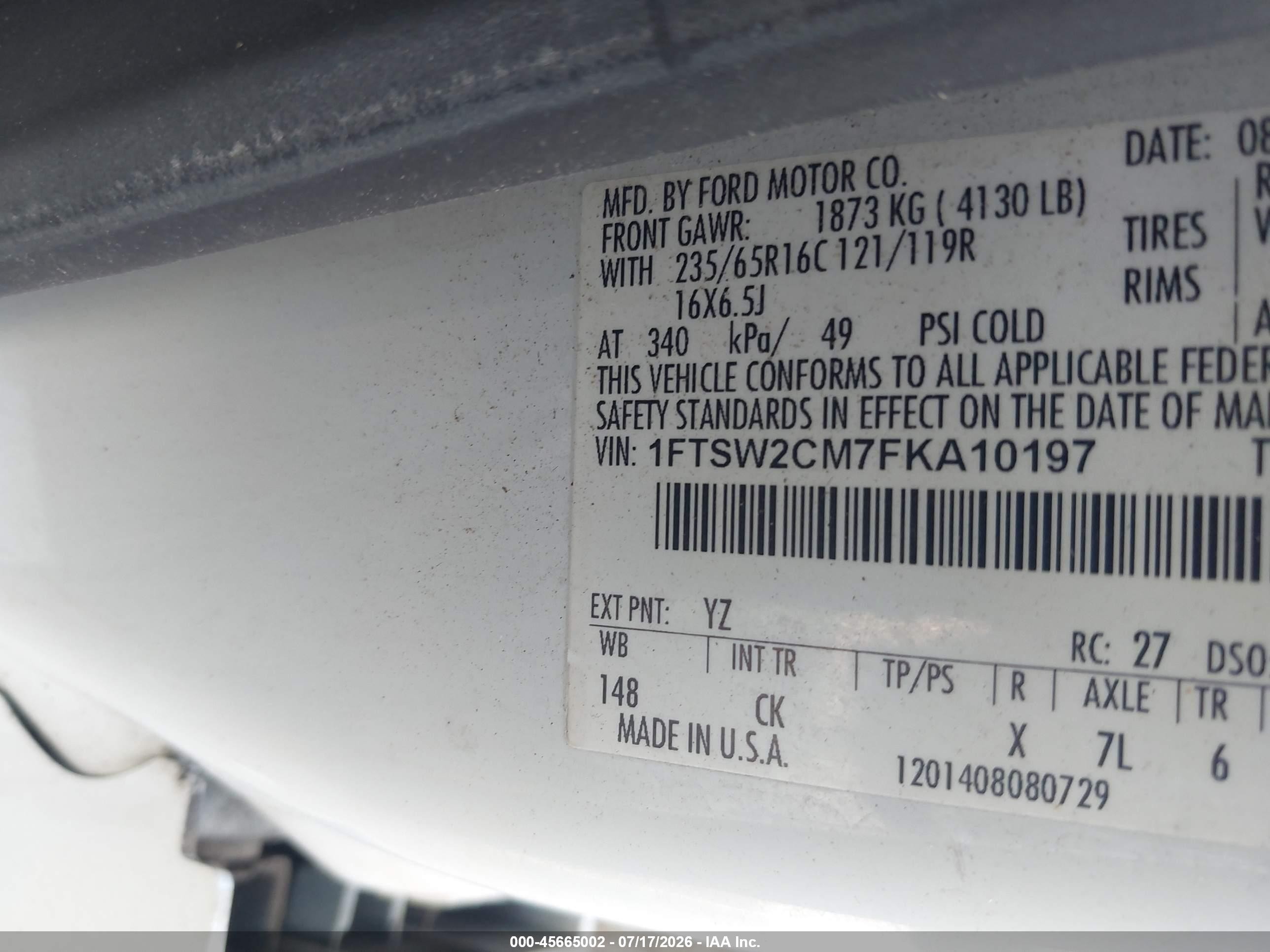 2015 Ford Transit-350   White vin: 1FTSW2CM7FKA10197