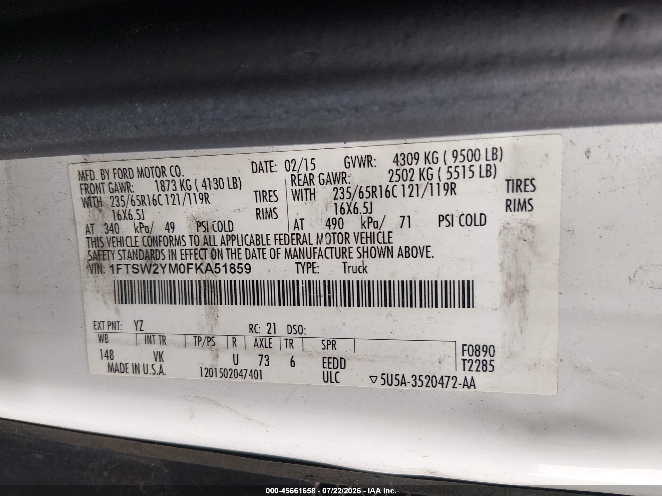 2015 Ford Transit-350   White vin: 1FTSW2YM0FKA51859