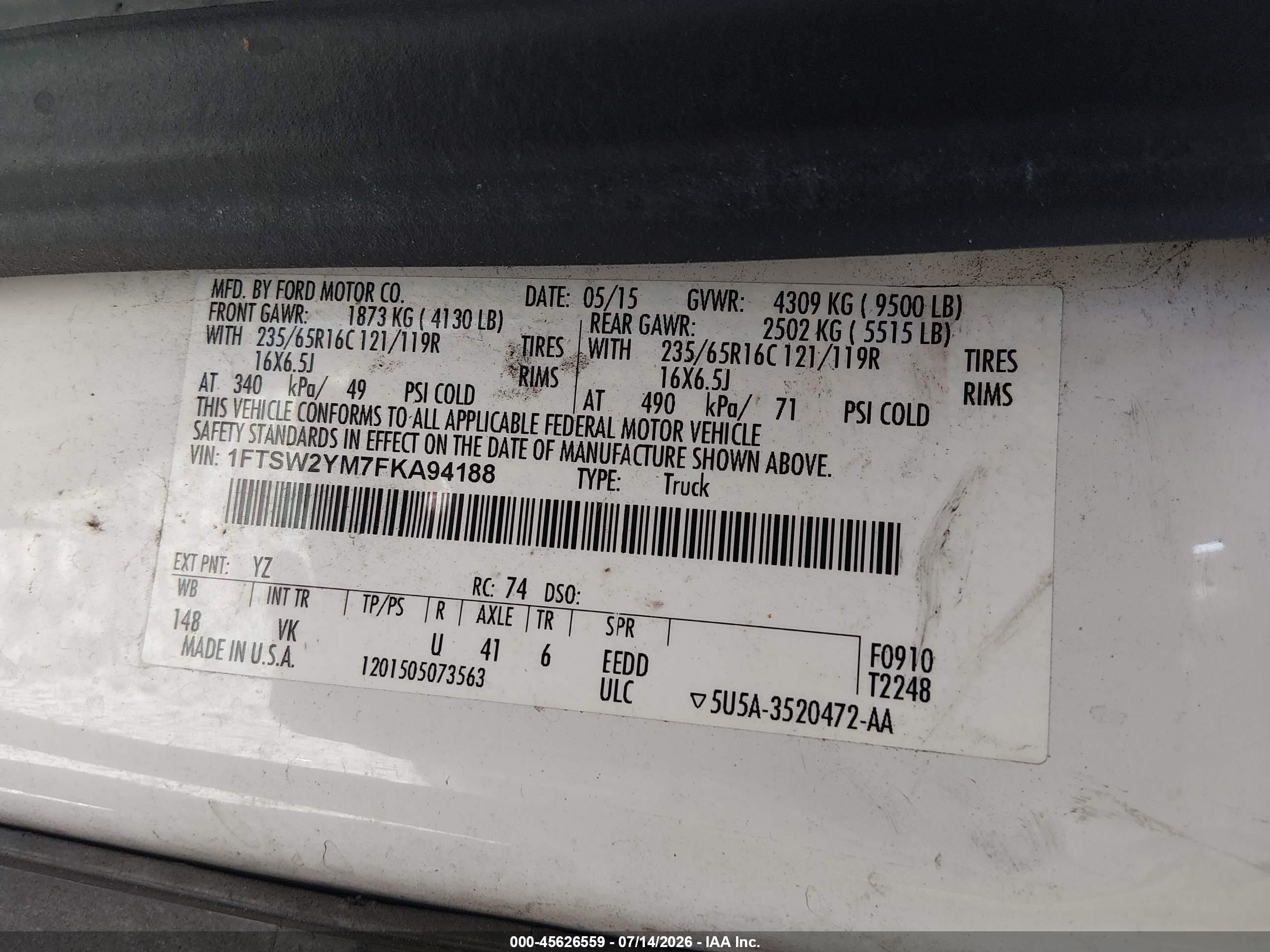 2015 Ford Transit-350   White vin: 1FTSW2YM7FKA94188