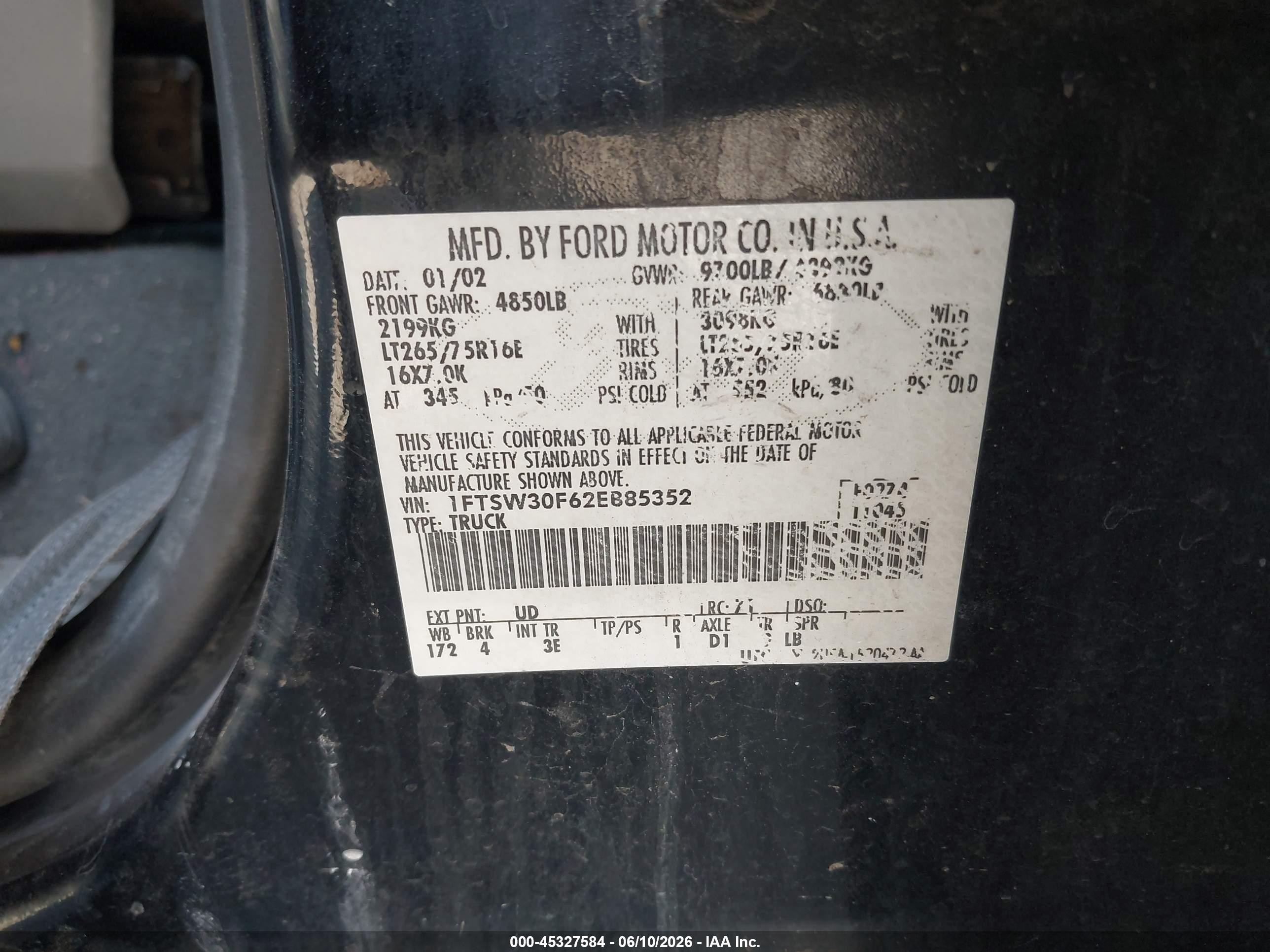 2002 Ford F-350 Lariat/xl/xlt Black vin: 1FTSW30F62EB85352