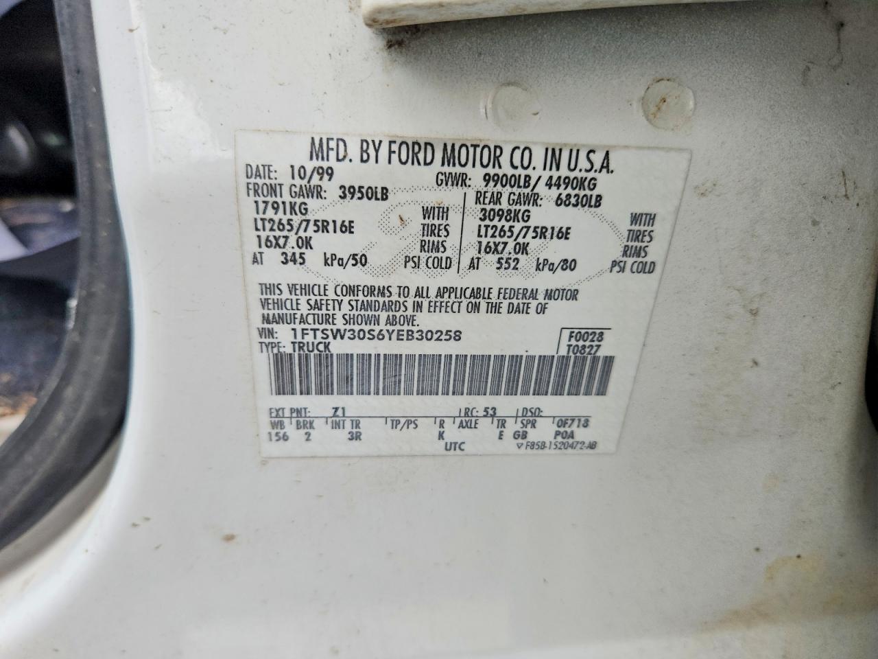2000 Ford F350 Srw Super Duty White vin: 1FTSW30S6YEB30258