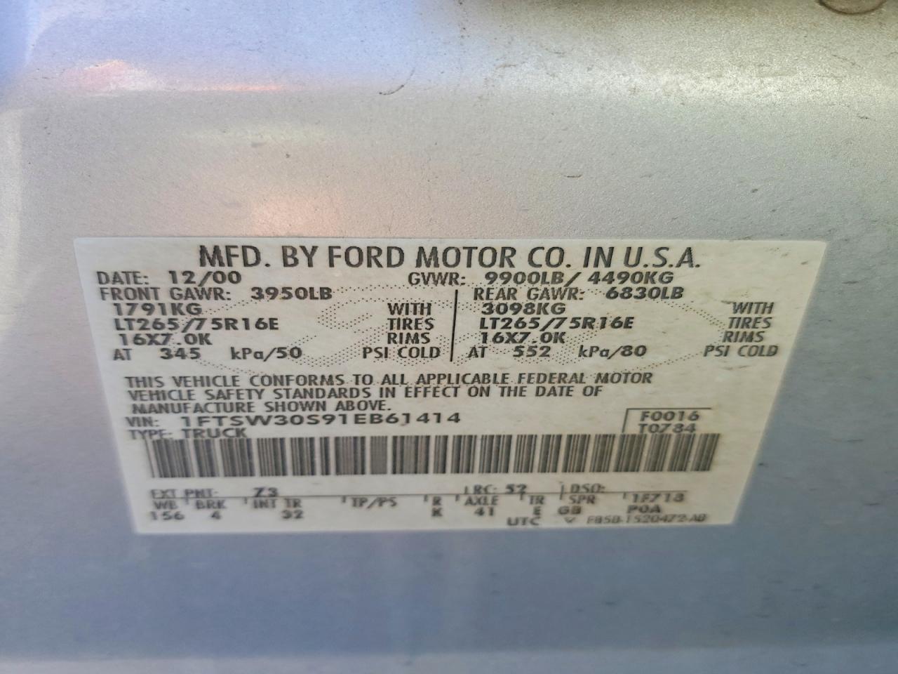 2001 Ford F350 Srw Super Duty Серебряный vin: 1FTSW30S91EB61414