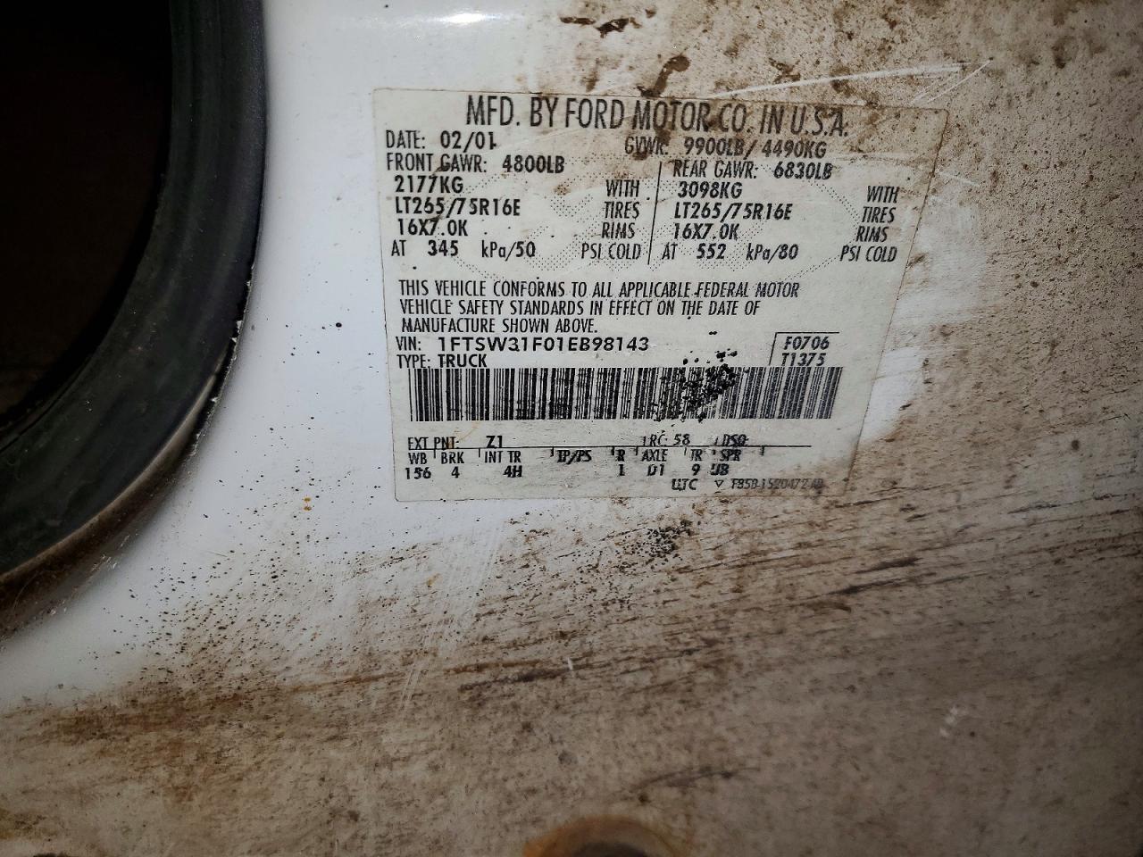2001 Ford F350 Srw Super Duty White vin: 1FTSW31F01EB98143