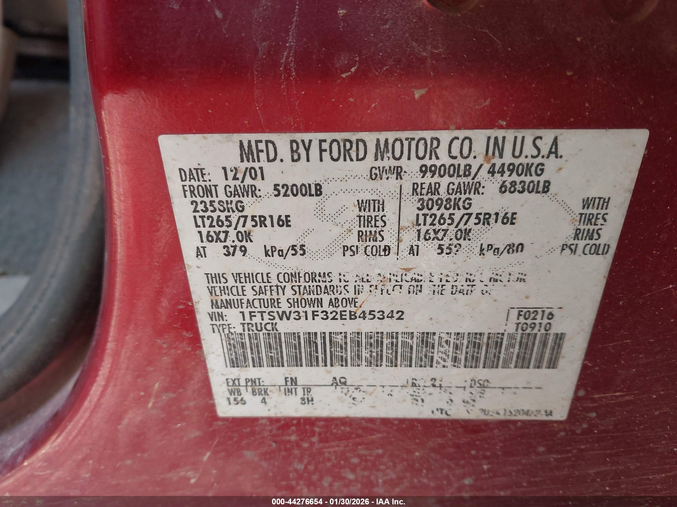 2002 Ford F-350 Lariat/xl/xlt Red vin: 1FTSW31F32EB45342