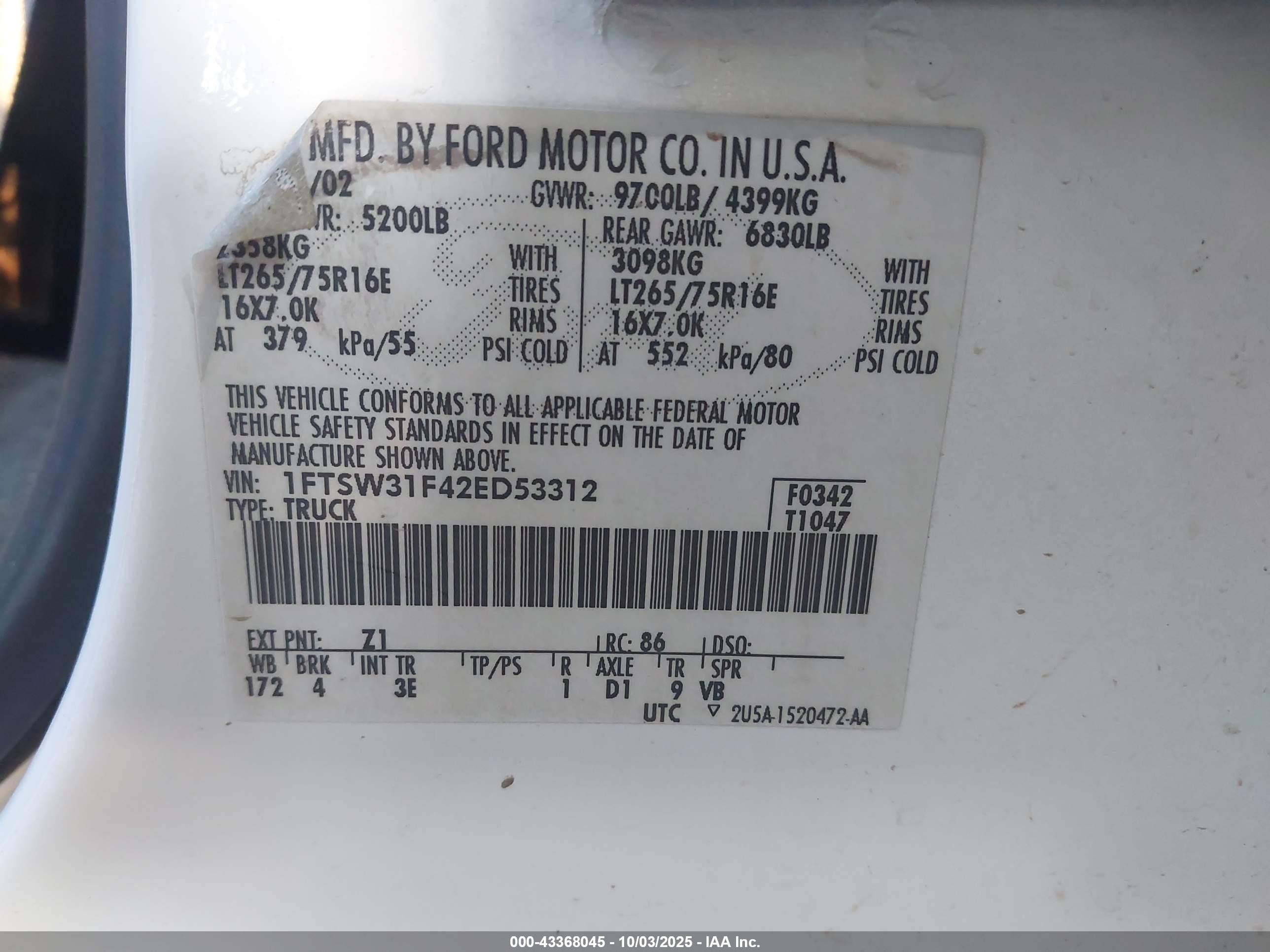 2002 Ford F-350 Lariat/xl/xlt White vin: 1FTSW31F42ED53312