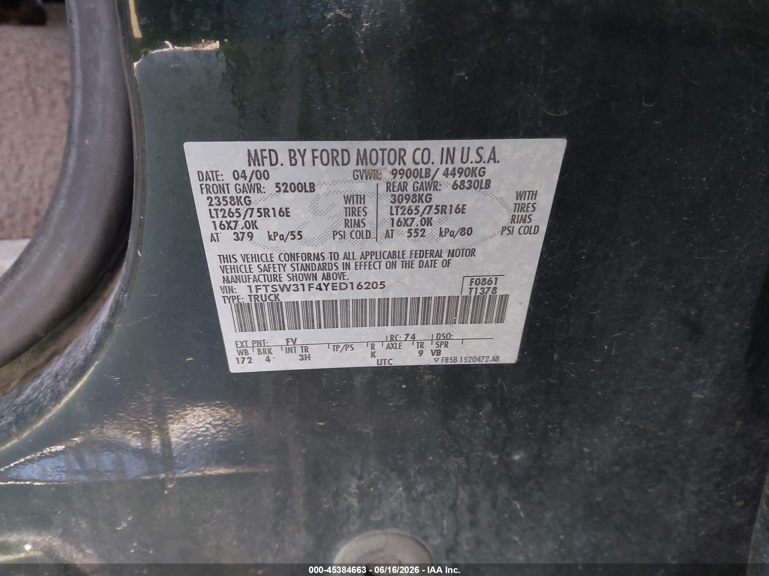 2000 Ford F-350 Lariat/xl/xlt Green vin: 1FTSW31F4YED16205