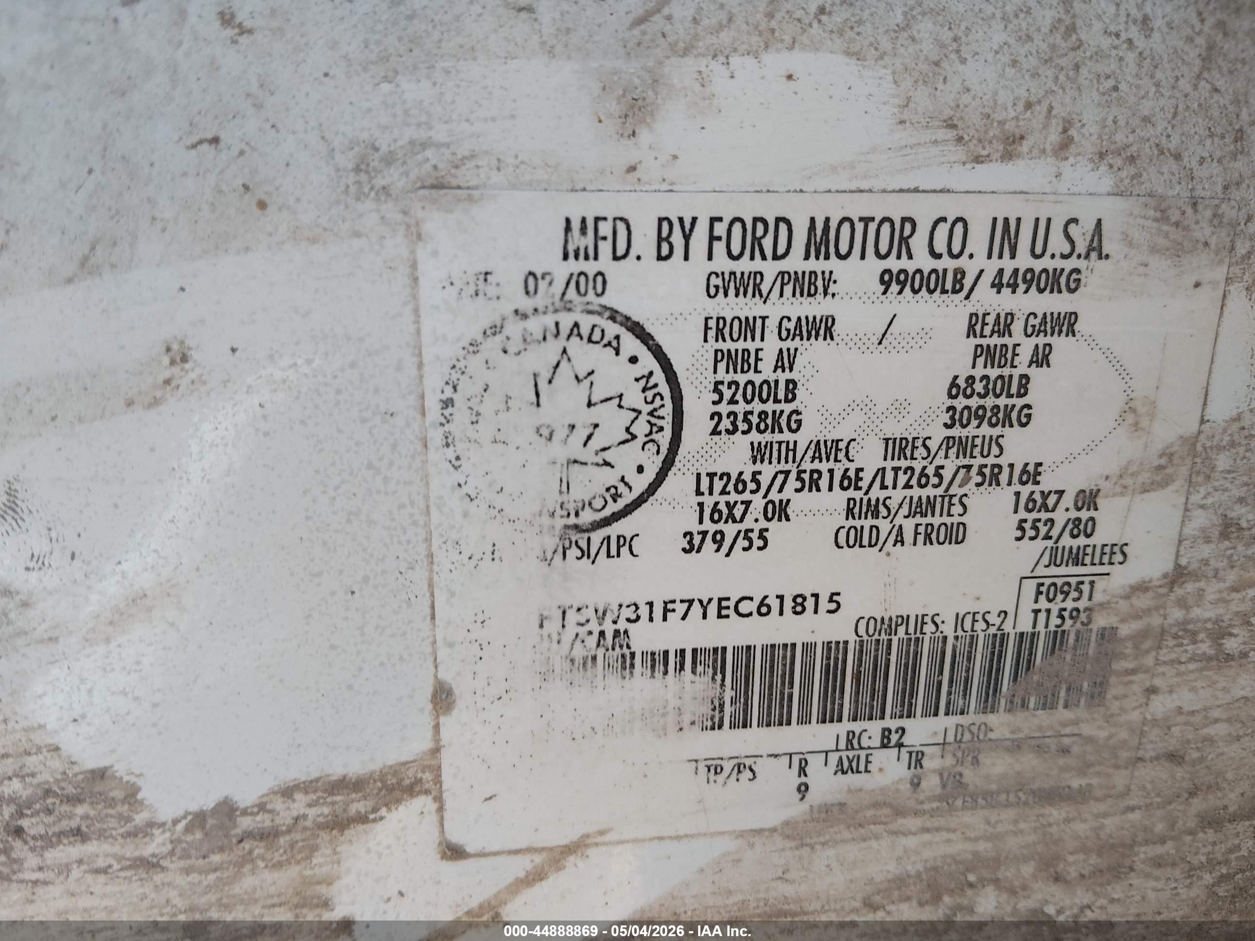 2000 Ford F-350 Lariat/xl/xlt White vin: 1FTSW31F7YEC61815