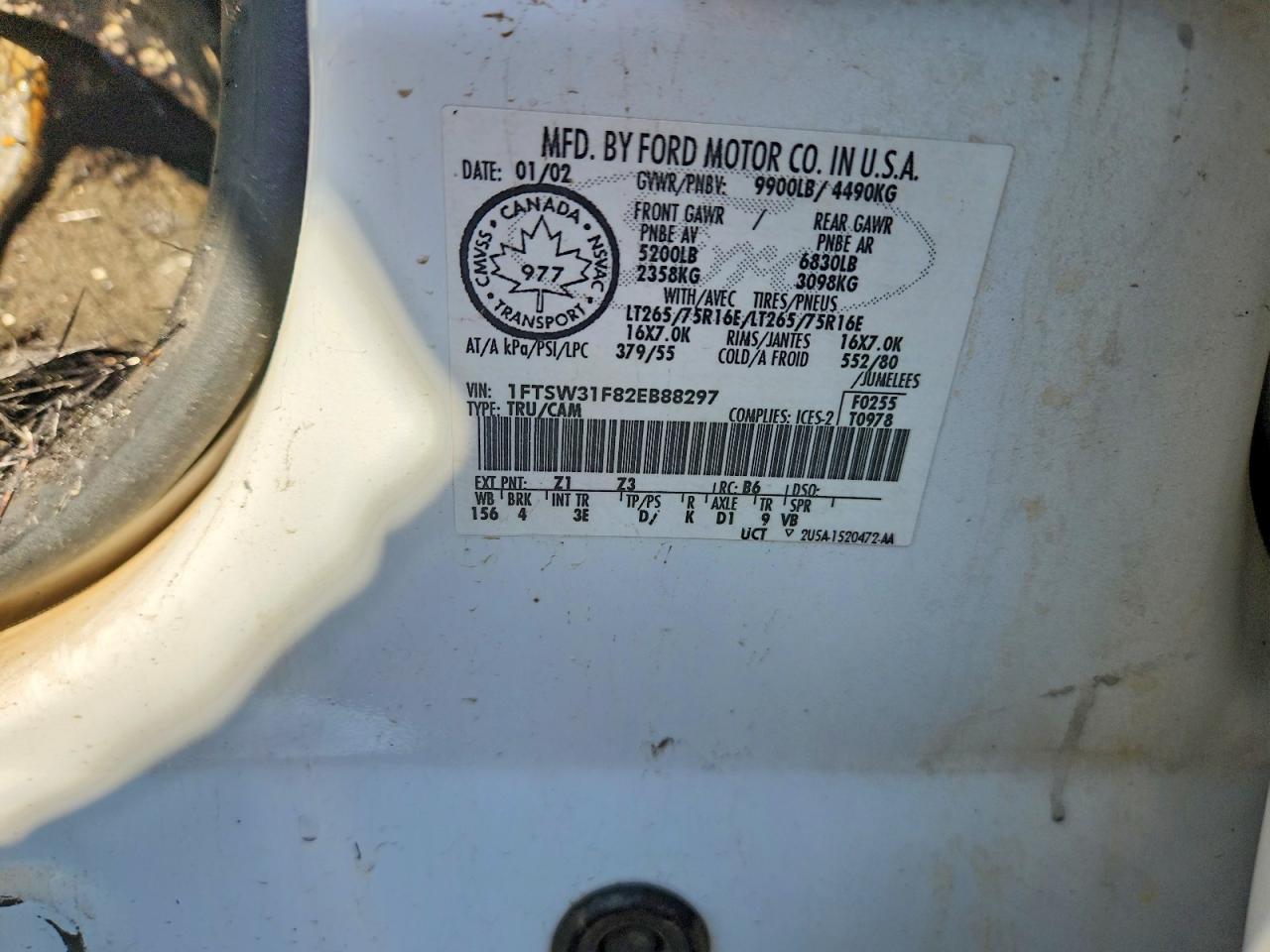2002 Ford F350 Burn vin: 1FTSW31F82EB88297