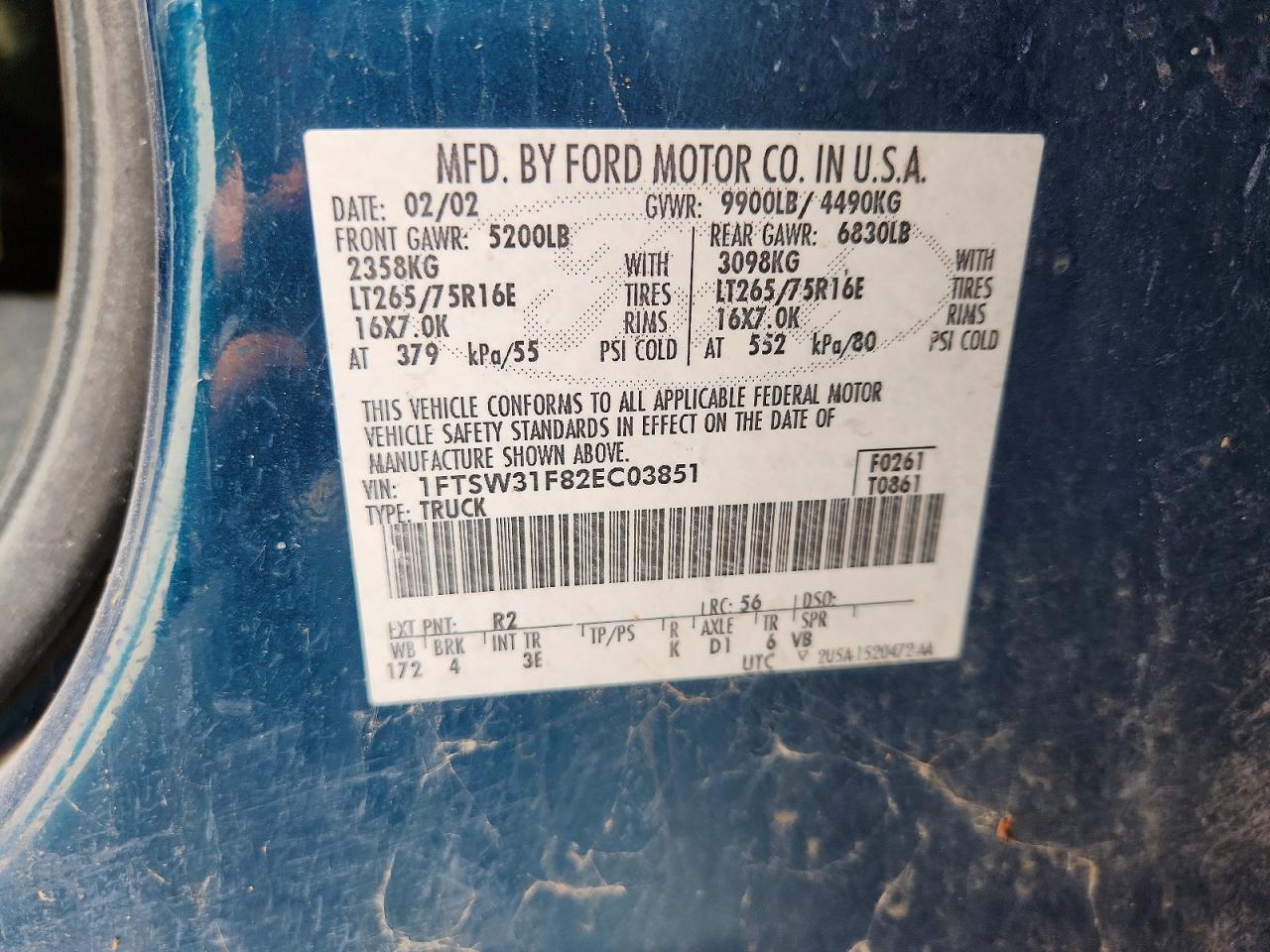 2002 Ford F350 Srw Super Duty Blue vin: 1FTSW31F82EC03851