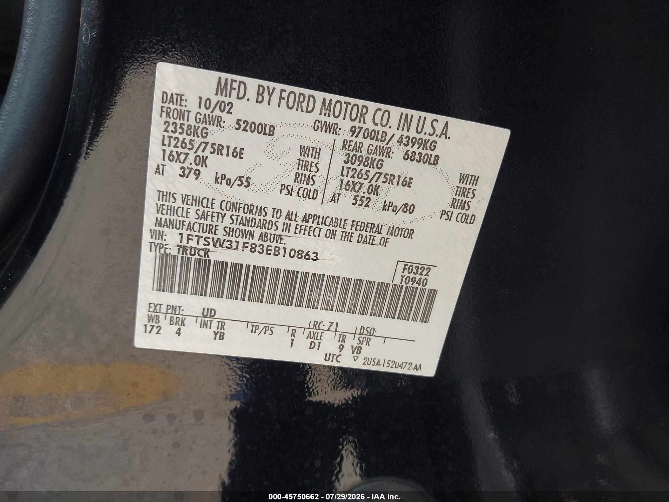 2003 Ford F-350 Lariat/xl/xlt Black vin: 1FTSW31F83EB10863