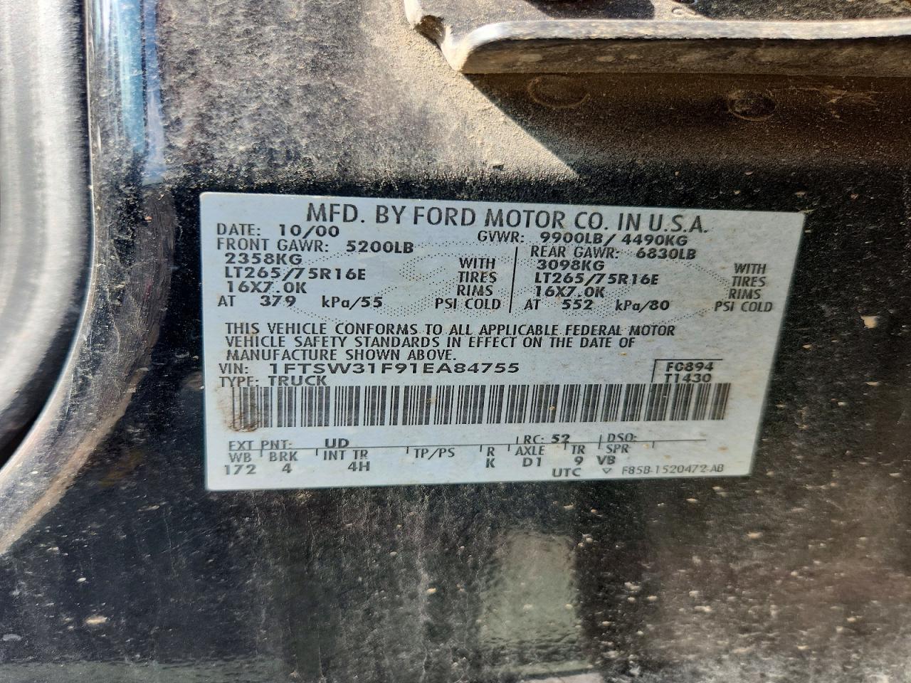 2001 Ford F350 Srw Super Duty Black vin: 1FTSW31F91EA84755