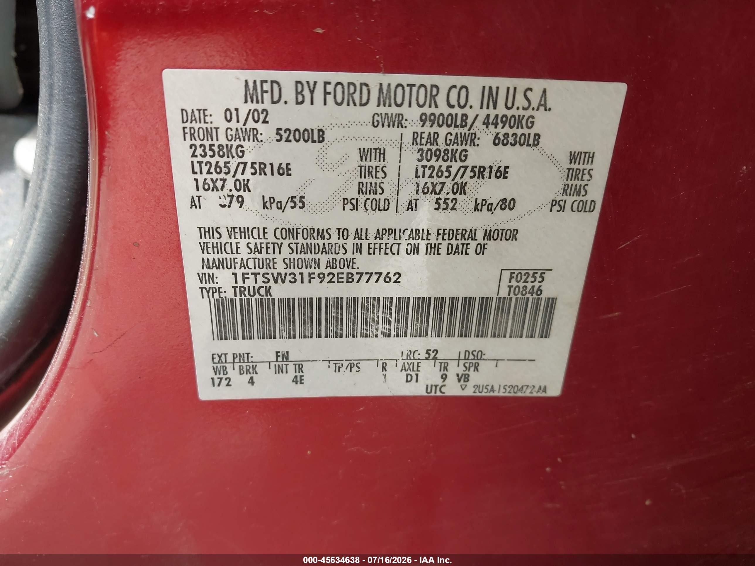 2002 Ford F-350 Lariat/xl/xlt Red vin: 1FTSW31F92EB77762