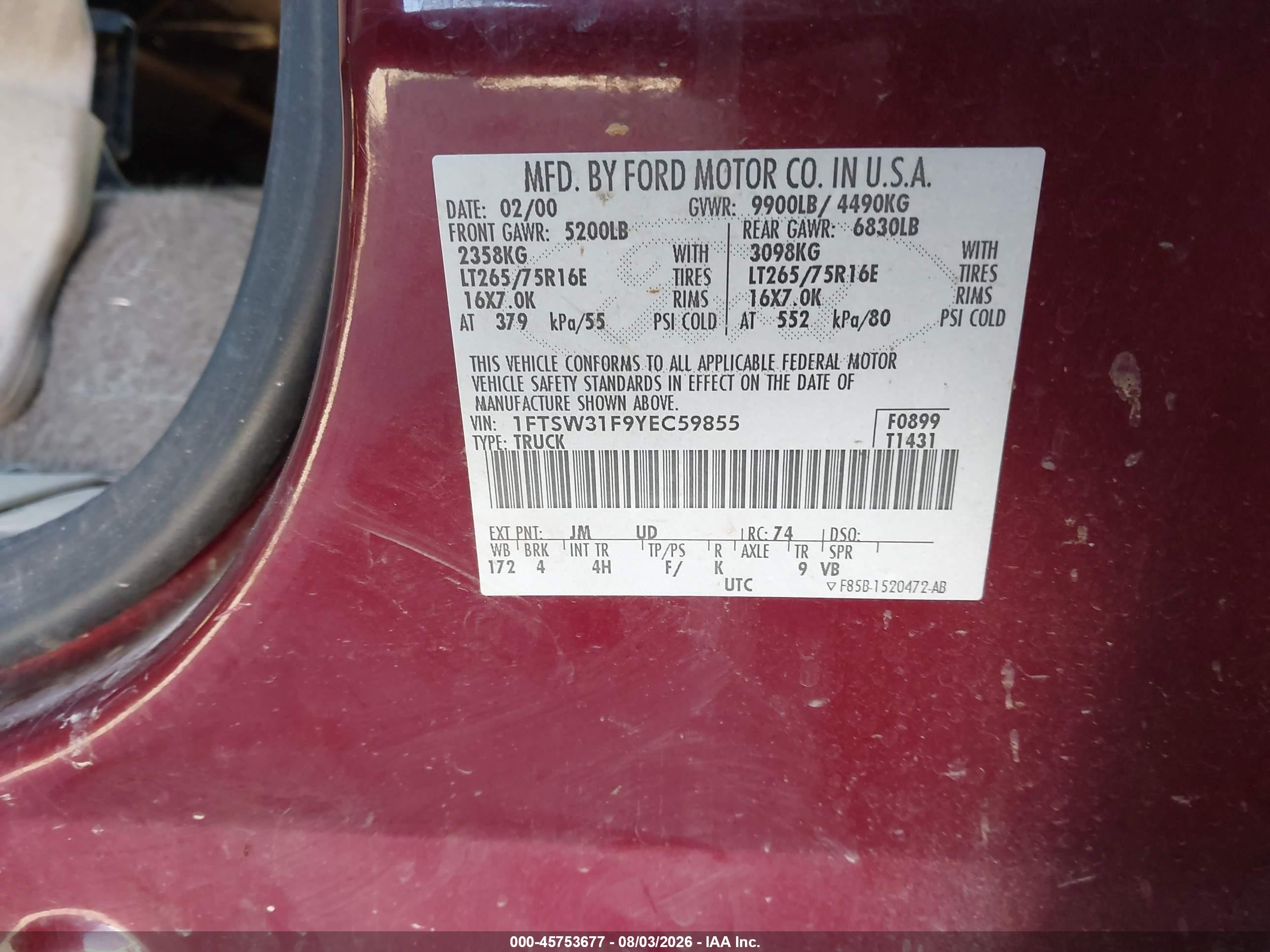 2000 Ford F-350 Lariat/xl/xlt Burgundy vin: 1FTSW31F9YEC59855