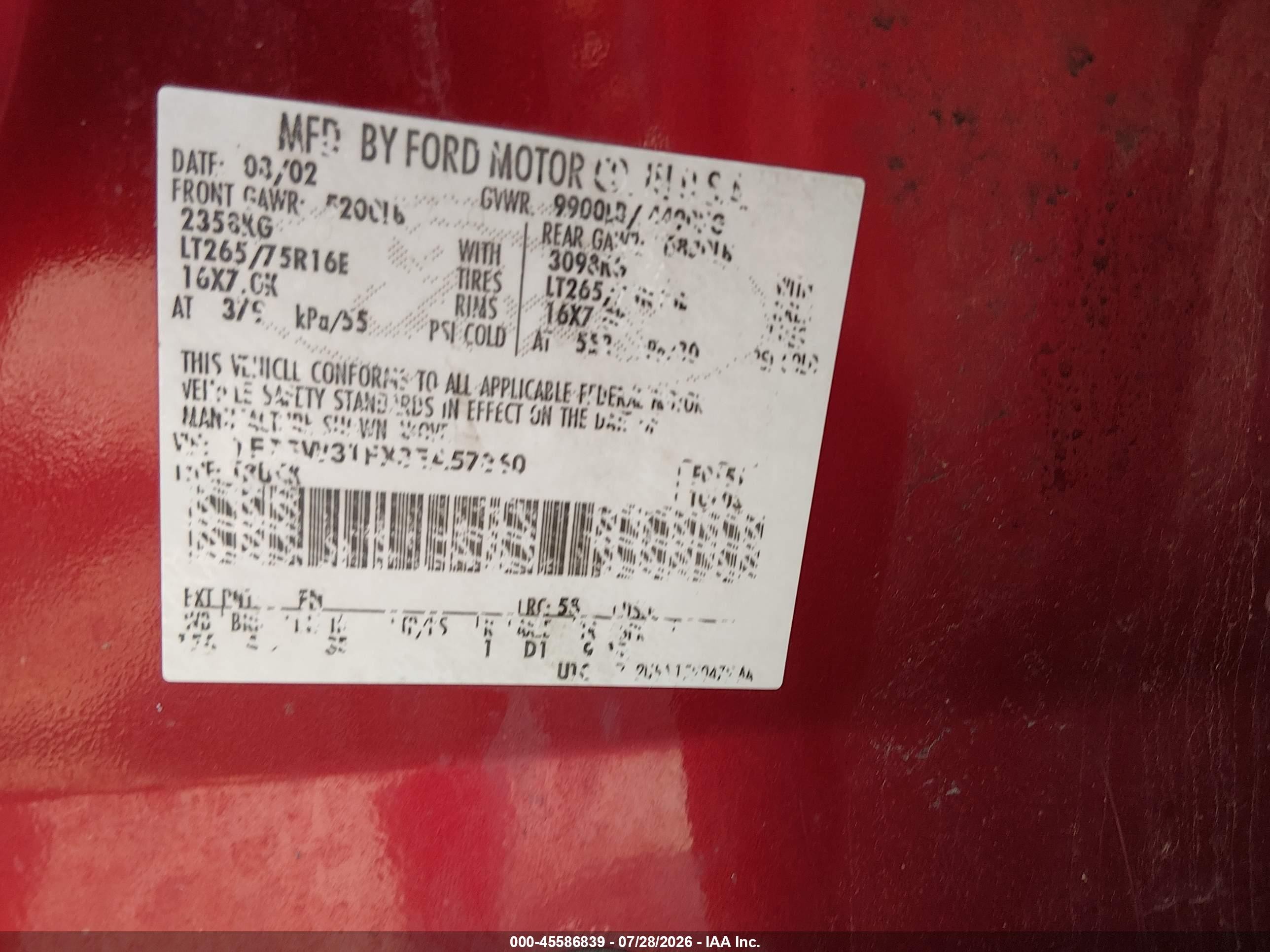 2003 Ford F-350 Lariat/xl/xlt Red vin: 1FTSW31FX3EA57860