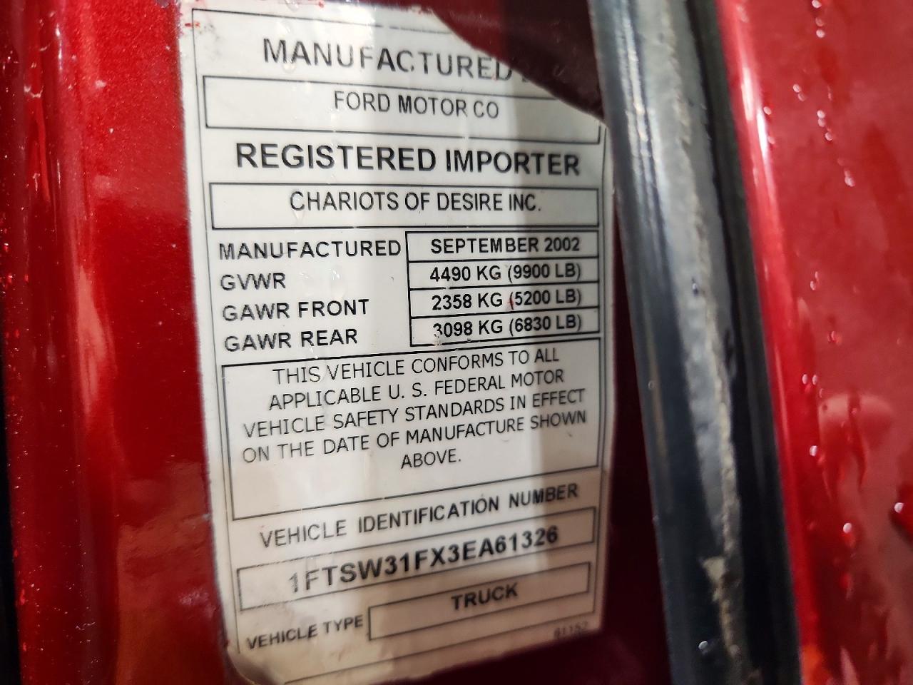2003 Ford F350 Srw Super Duty Red vin: 1FTSW31FX3EA61326