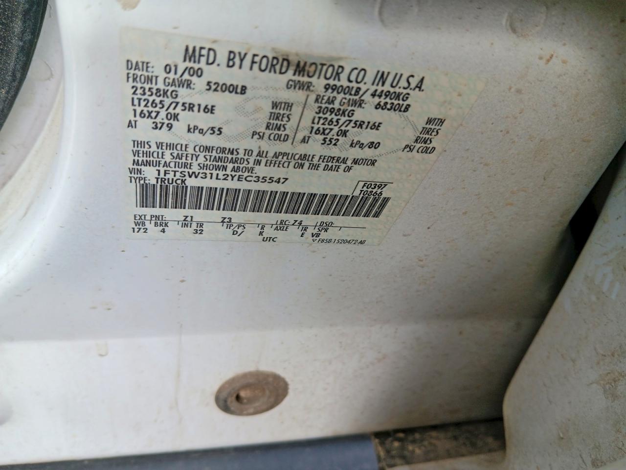 2000 Ford F350 Srw Super Duty White vin: 1FTSW31L2YEC35547