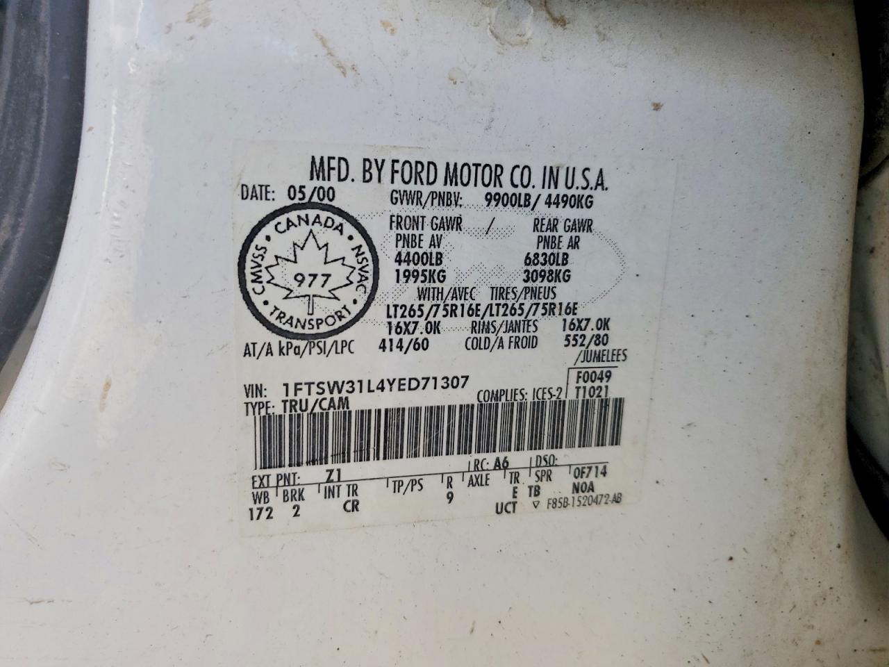 2000 Ford F350 Srw Super Duty White vin: 1FTSW31L4YED71307