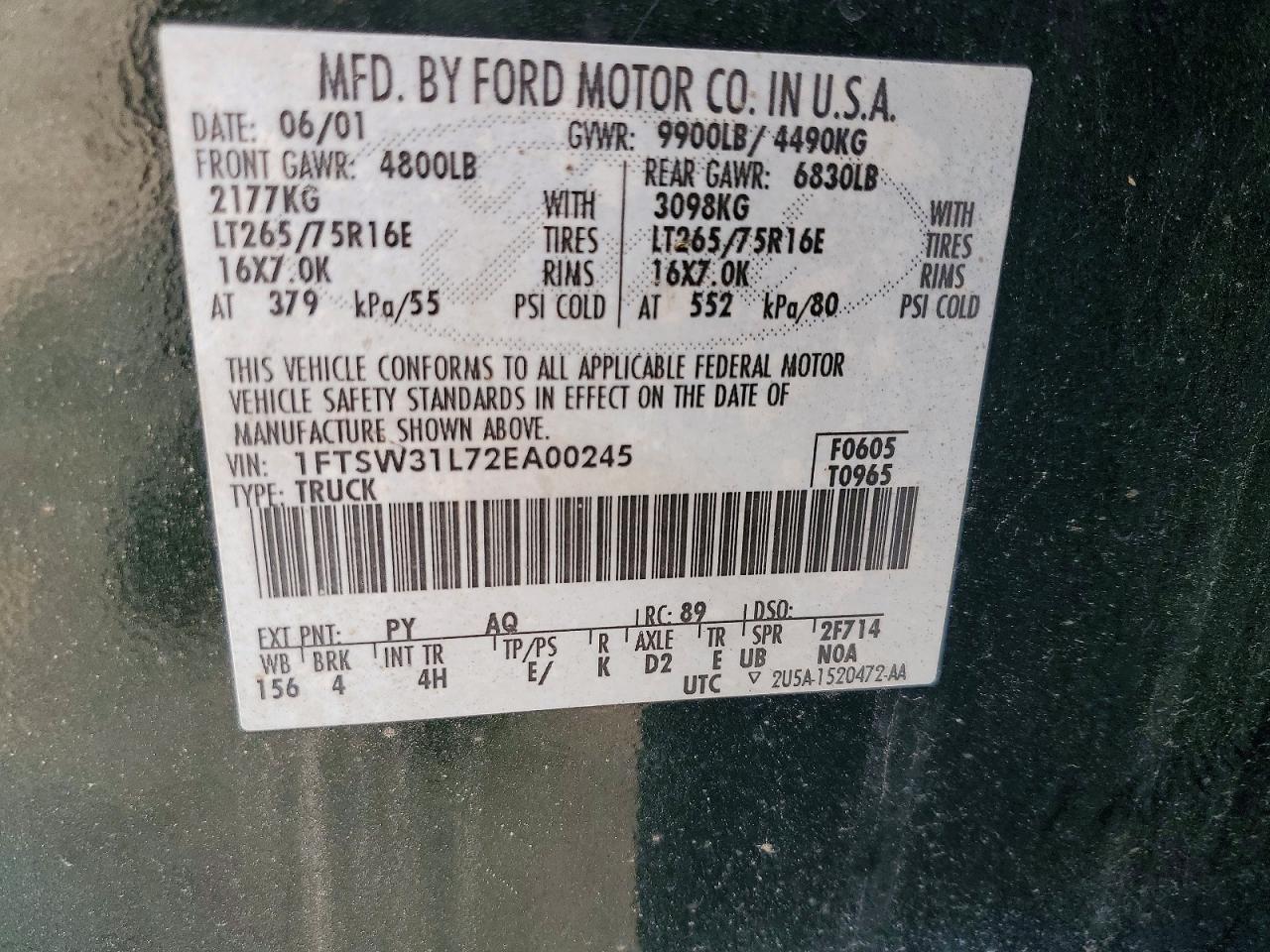 2002 Ford F150 Зеленый vin: 1FTSW31L72EA00245