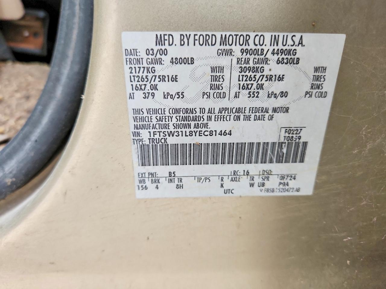 2000 Ford F350 Srw Super Duty Gold vin: 1FTSW31L8YEC81464