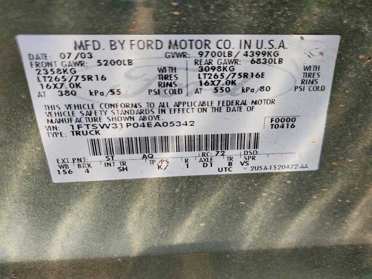 2004 Ford F350 Srw Super Duty Green vin: 1FTSW31P04EA05342