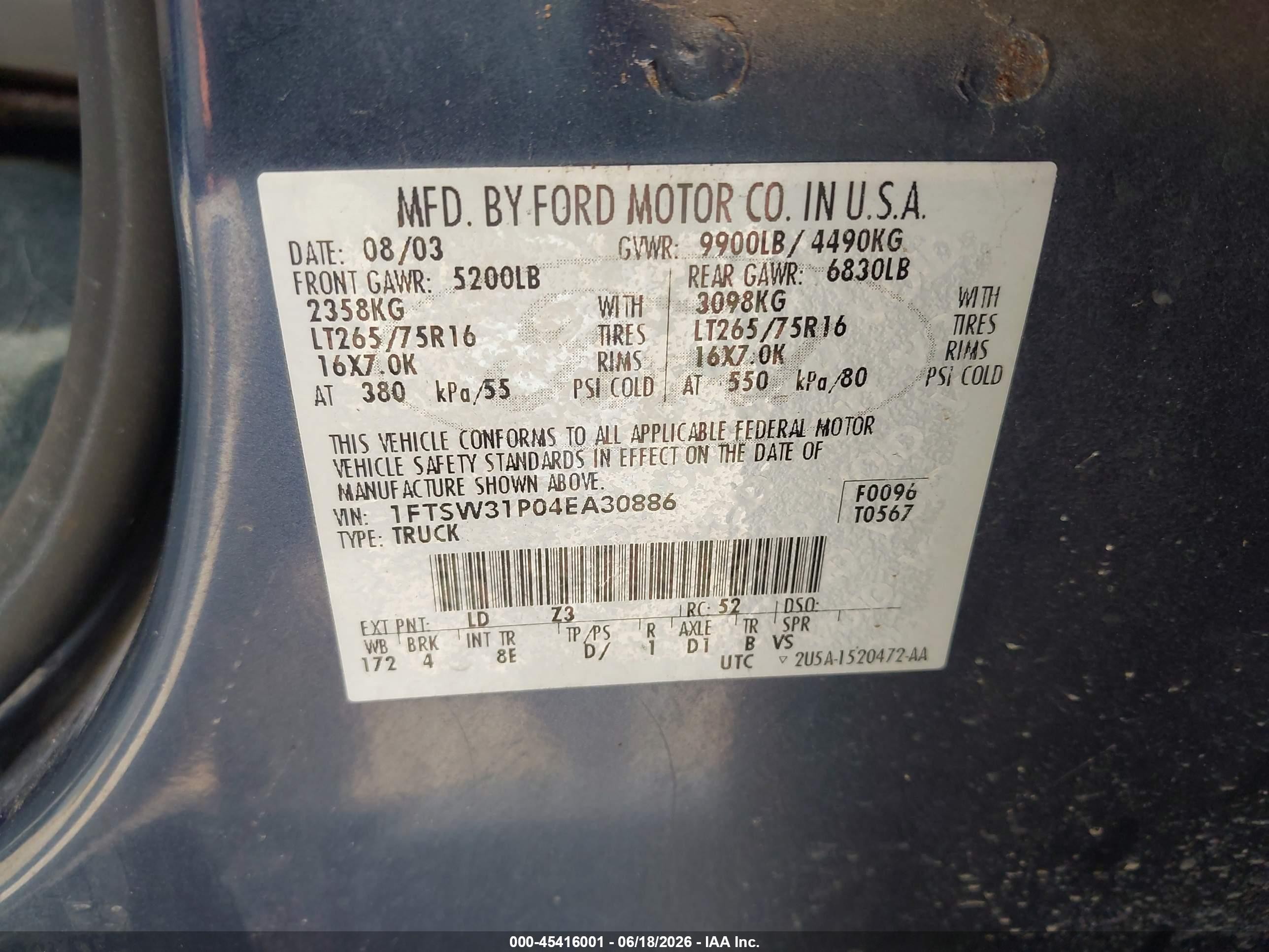2004 Ford F-350 Lariat/xl/xlt Blue vin: 1FTSW31P04EA30886