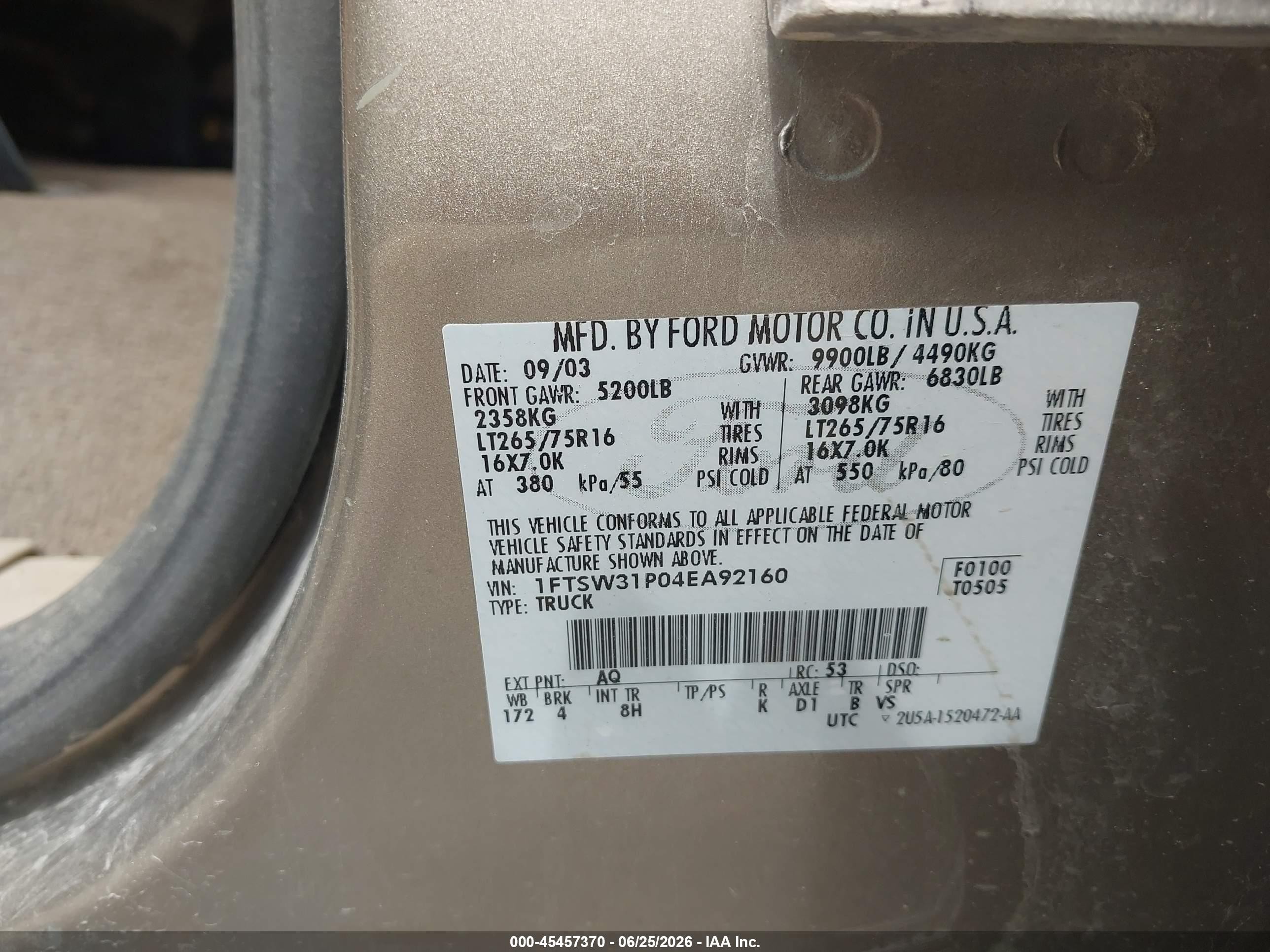 2004 Ford F-350 Lariat/xl/xlt Gold vin: 1FTSW31P04EA92160