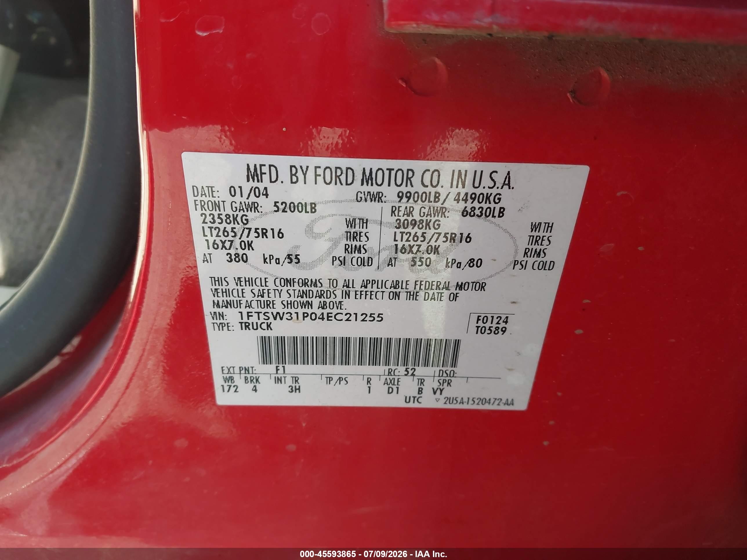 2004 Ford F-350 Lariat/xl/xlt Red vin: 1FTSW31P04EC21255