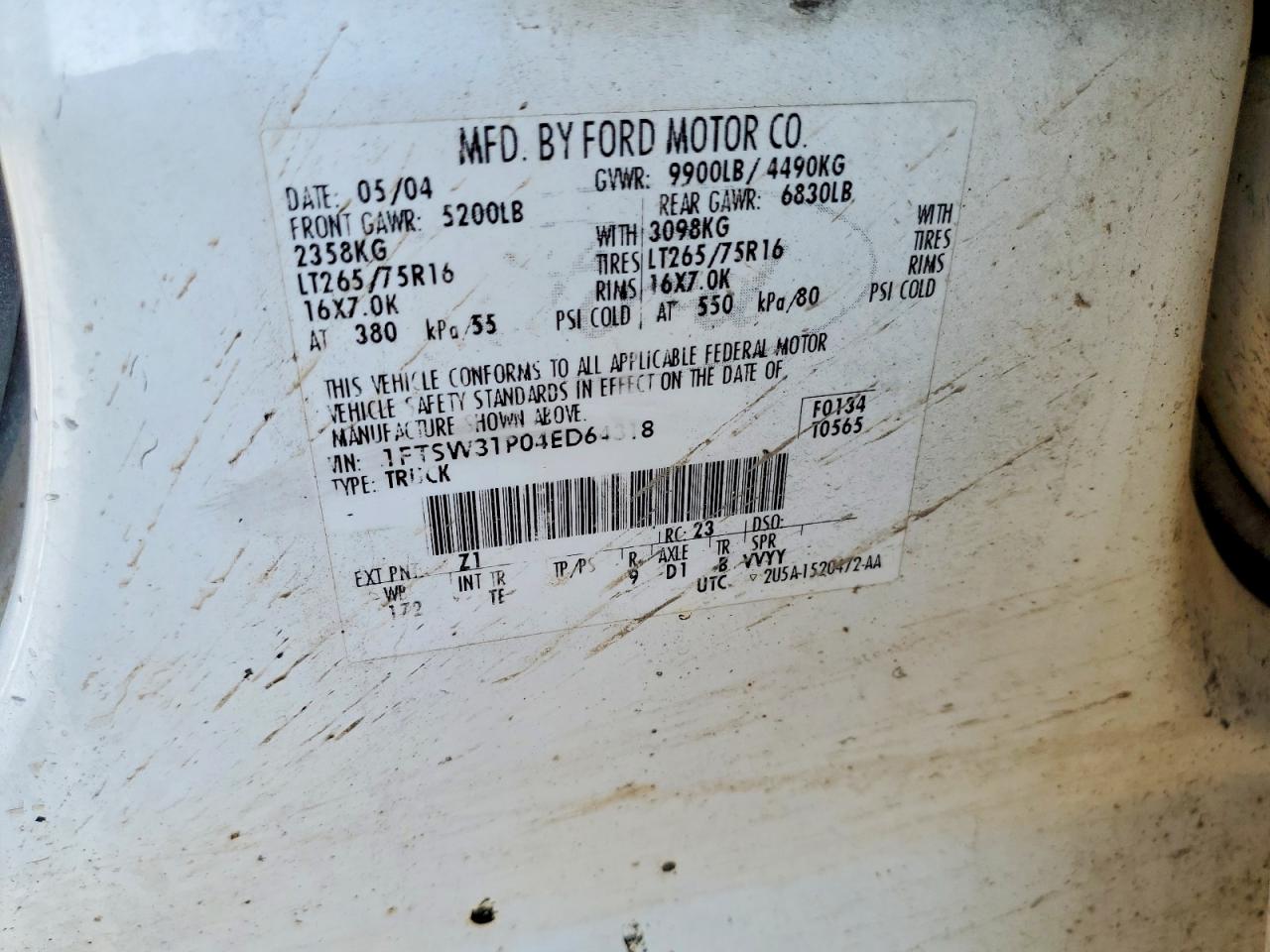 2004 Ford F350 Srw Super Duty White vin: 1FTSW31P04ED64318