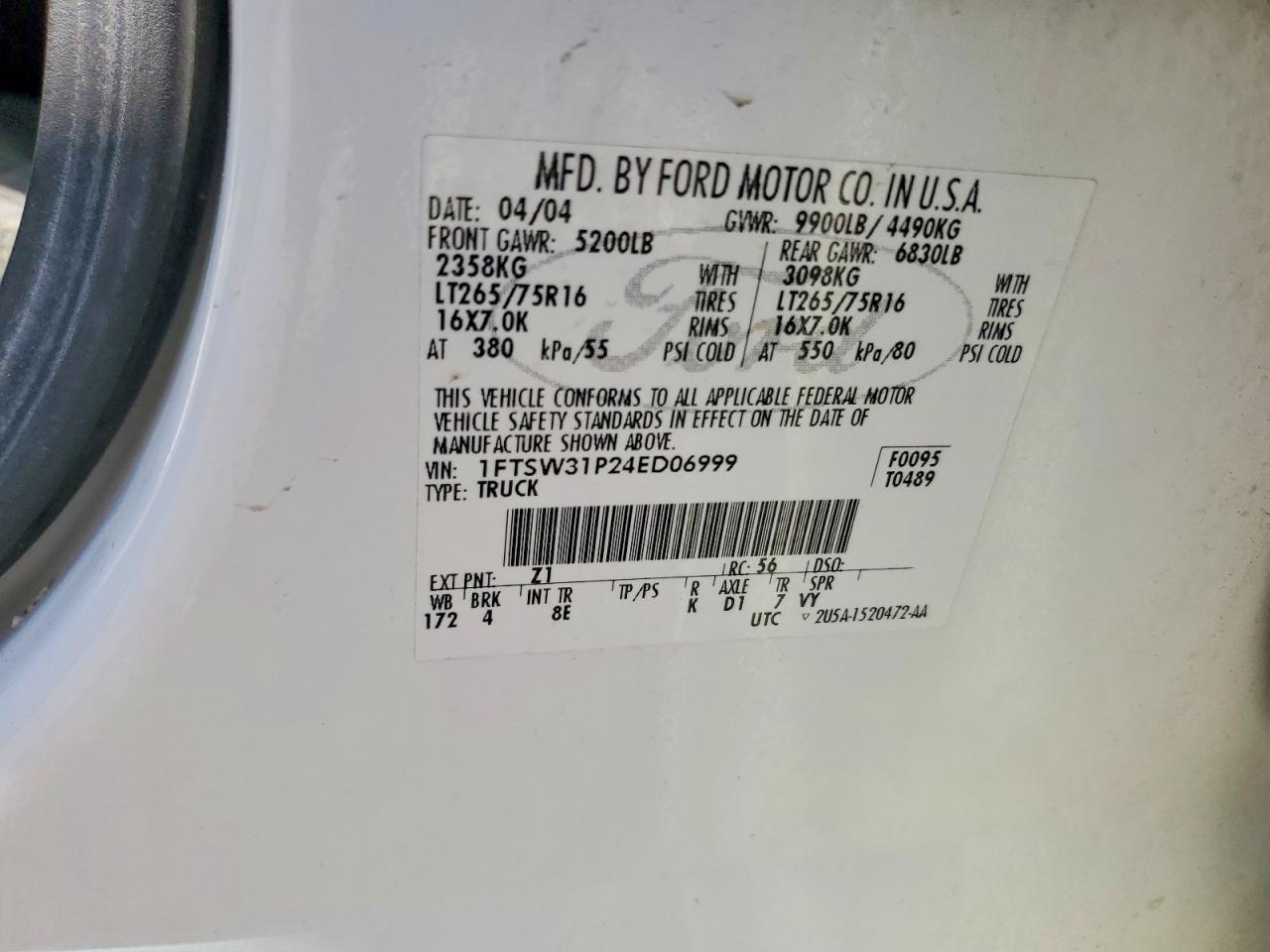 2004 Ford F350 Srw Super Duty White vin: 1FTSW31P24ED06999