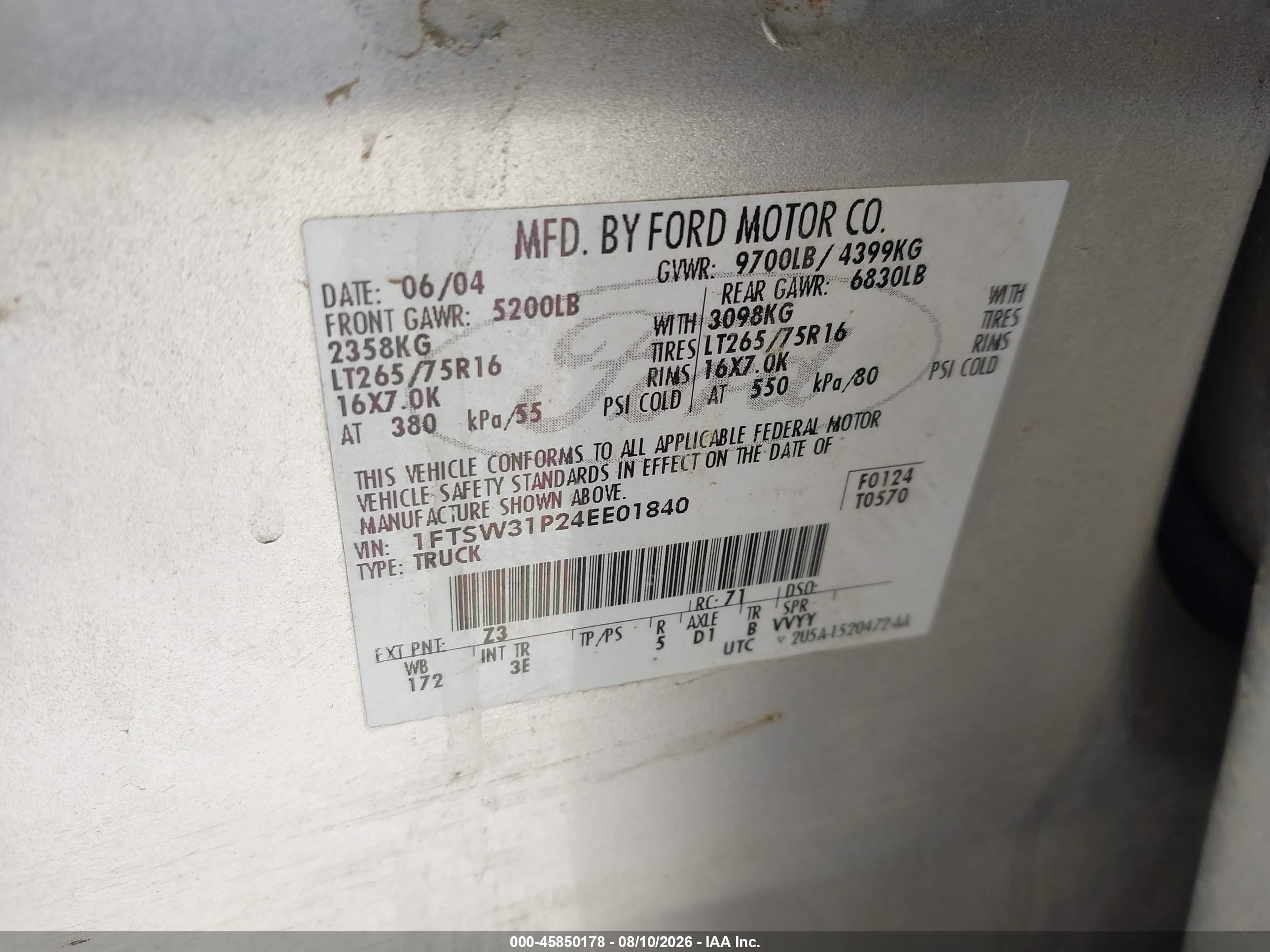 2004 Ford F-350 Lariat/xl/xlt Silver vin: 1FTSW31P24EE01840