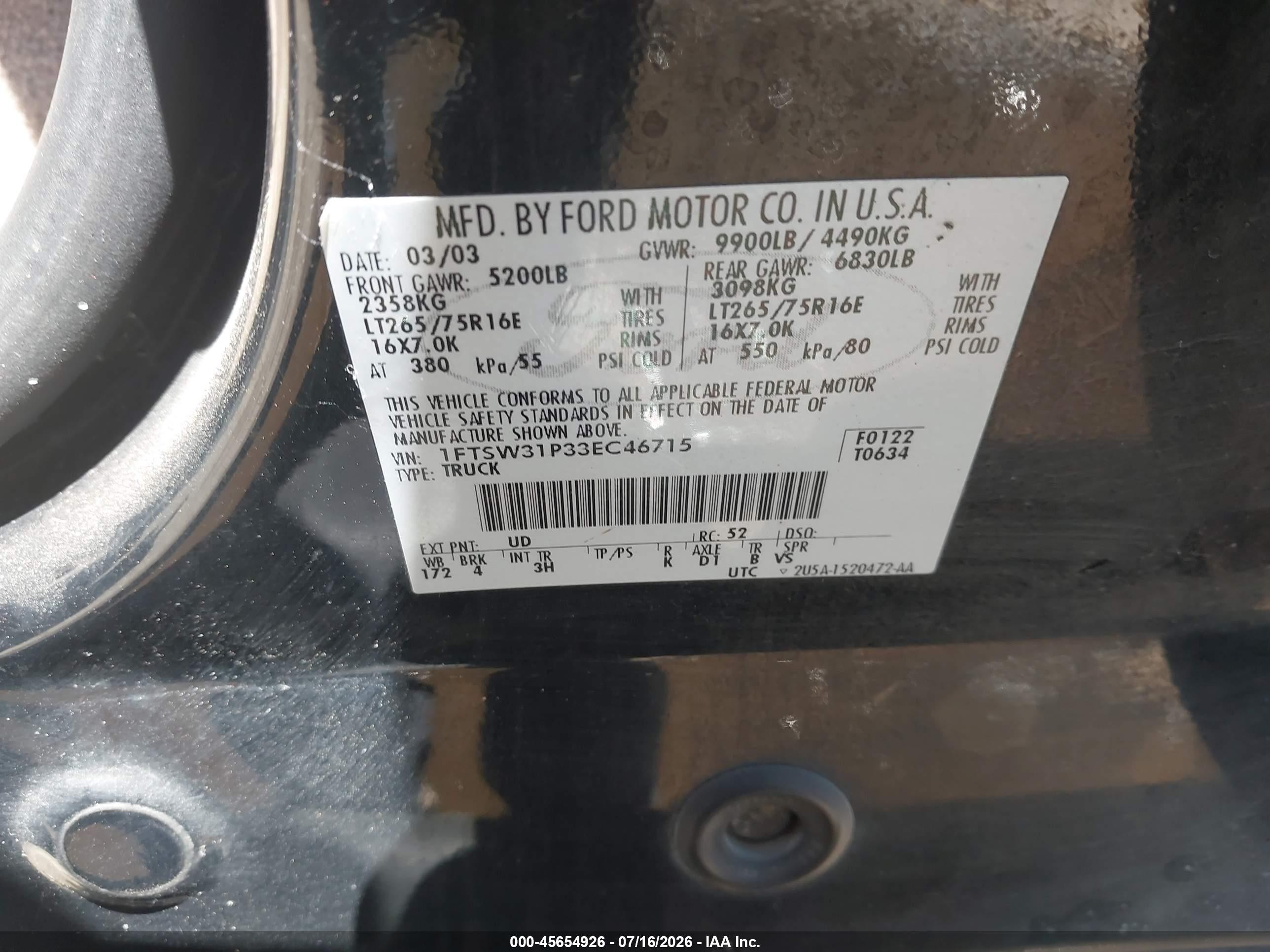 2003 Ford F-350 Lariat/xl/xlt Black vin: 1FTSW31P33EC46715