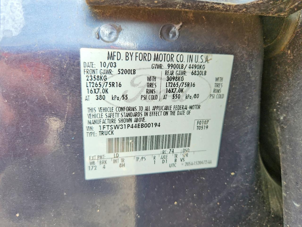 2004 Ford F350 Srw Super Duty Blue vin: 1FTSW31P44EB00194