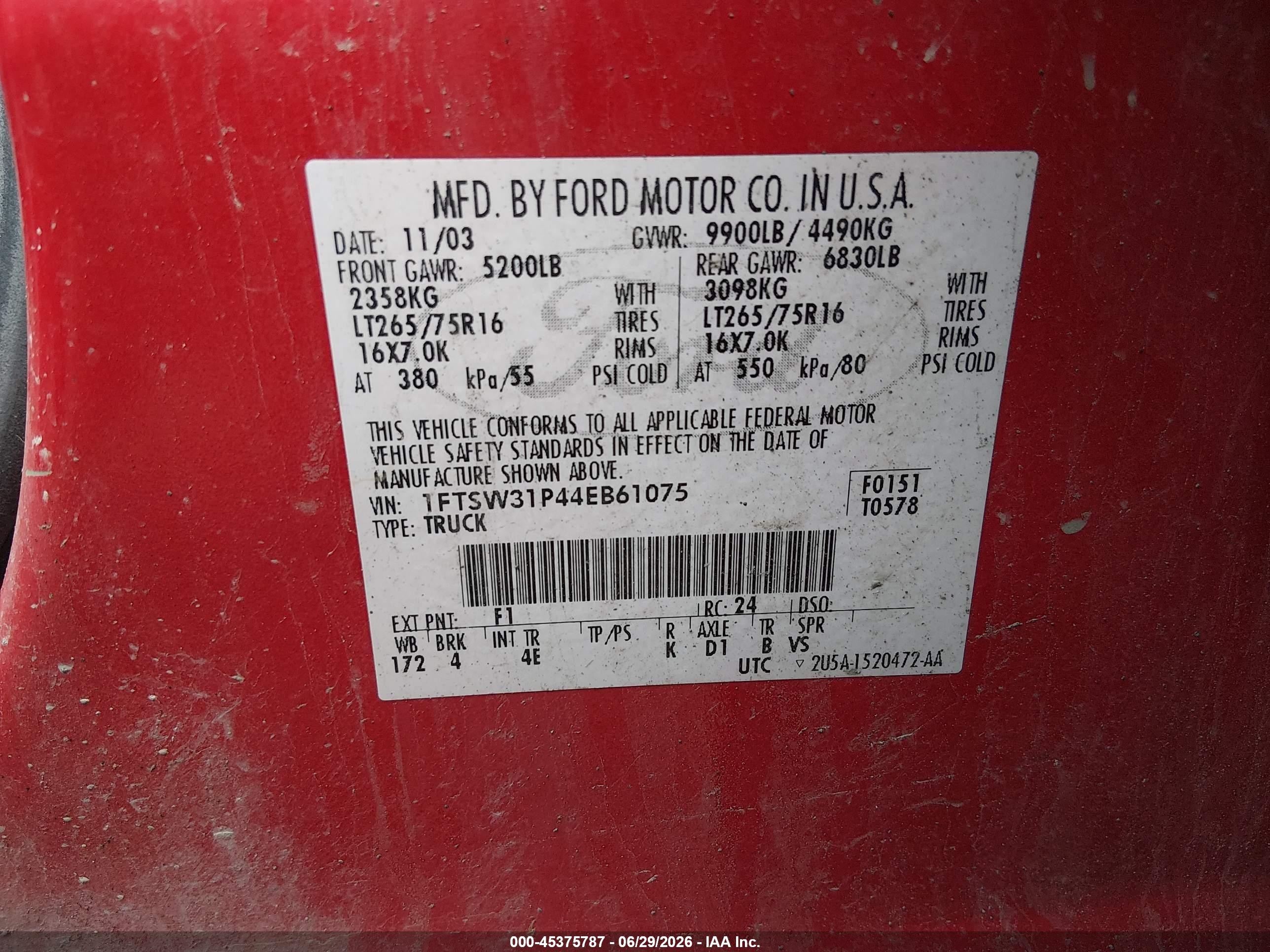 2004 Ford F-350 Lariat/xl/xlt Red vin: 1FTSW31P44EB61075