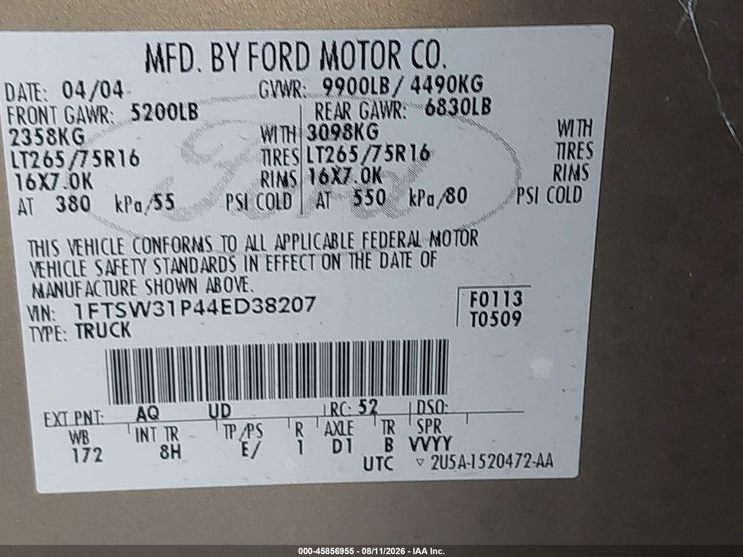 2004 Ford F-350 Lariat/xl/xlt Gold vin: 1FTSW31P44ED38207