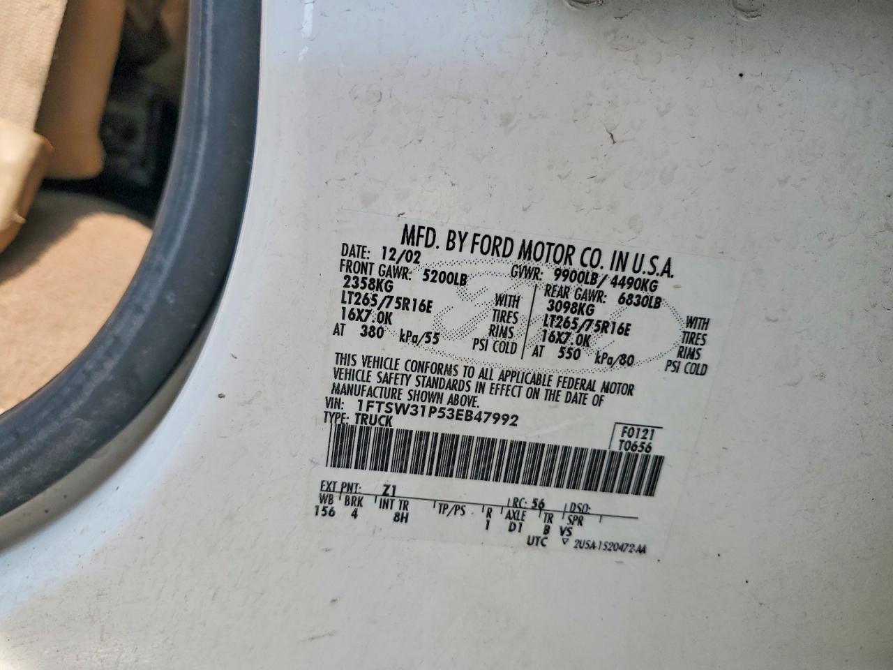 2003 Ford F350 Srw Super Duty White vin: 1FTSW31P53EB47992